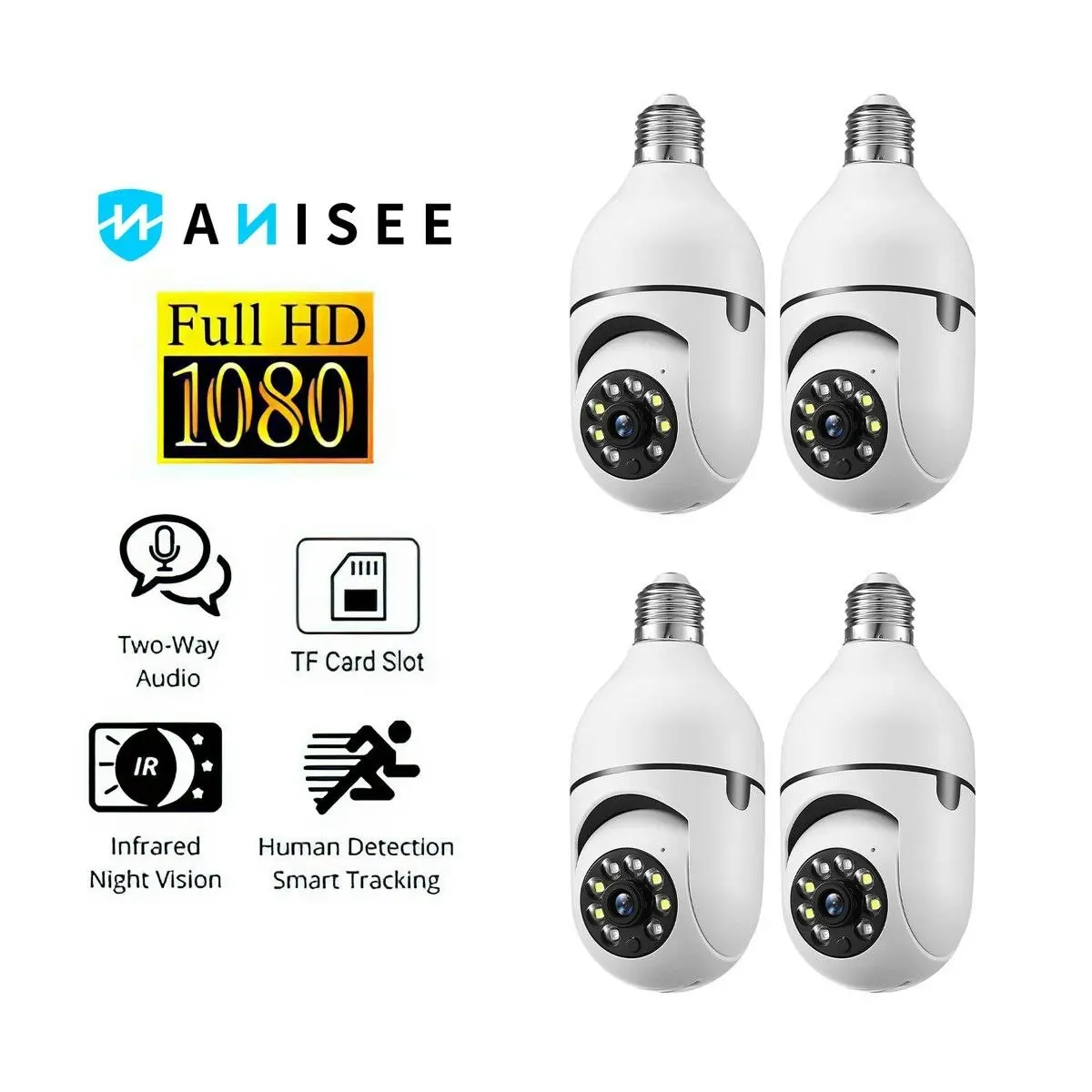 Anisee WiFi IP Camerax4 Wireless Spy Home Security CCTV Surveillance System E27 Light Bulb Outdoor PTZ IR Night Vision 2 Way Audio Full HD 1080P 2MP