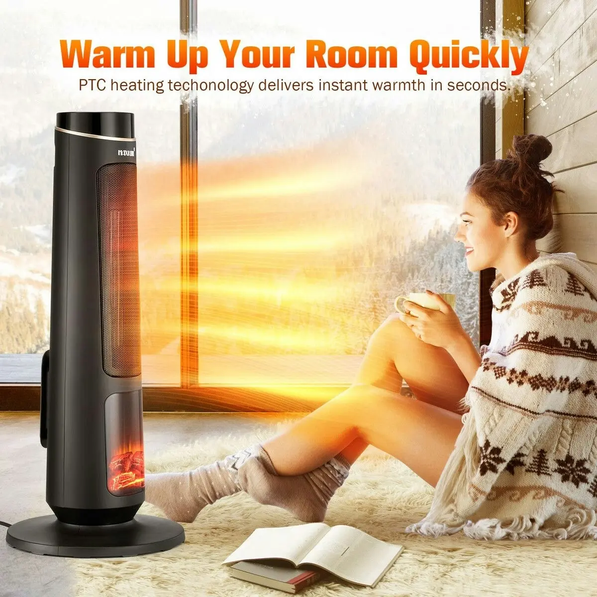 Maxkon 2000W Electric Heater Space Tower Room Indoor Energy Efficient Portable Fireplace Instant Oscillating Warmer Cooling Fan Remote