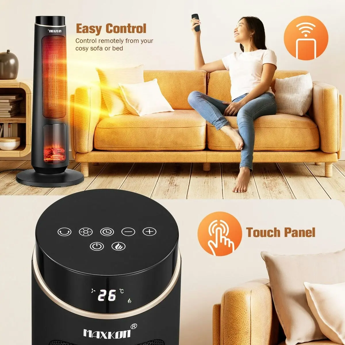 Maxkon 2000W Electric Heater Space Tower Room Indoor Energy Efficient Portable Fireplace Instant Oscillating Warmer Cooling Fan Remote