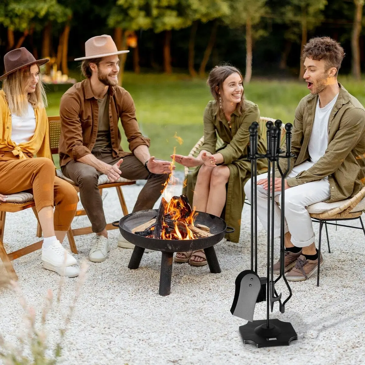 Ausway 5PCS Fireplace Tool Set Firepit Accessories Poker Fire Tongs Shovel Brush Black Cast Iron