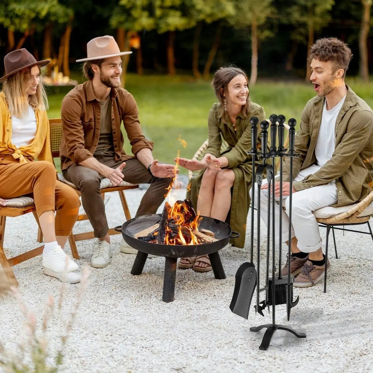 Ausway 5PCS Fireplace Tool Set Fire Poker Firepit Tongs Accessories Brush Shovel Cast Iron Black