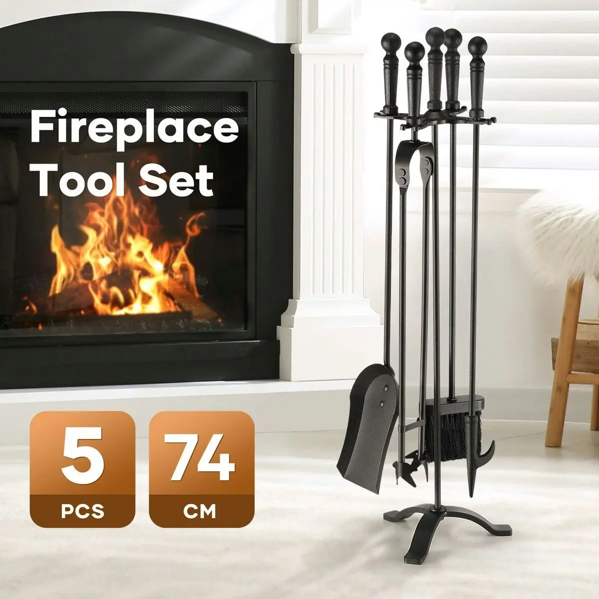 Ausway 5PCS Fireplace Tool Set Fire Poker Firepit Tongs Accessories Brush Shovel Cast Iron Black