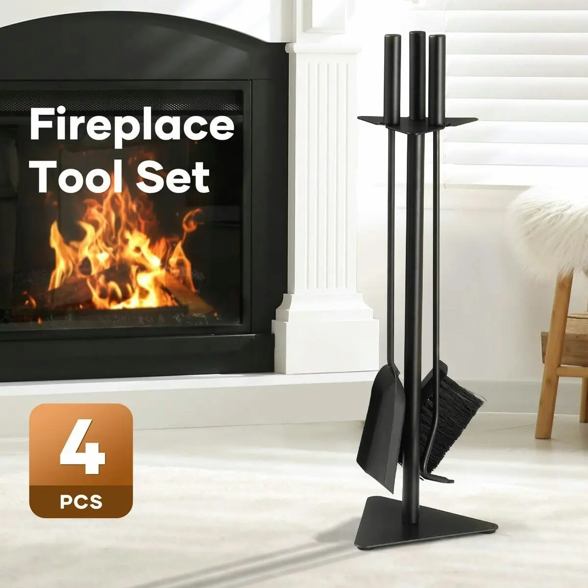 Ausway 4PCS Fireplace Tool Set Firepit Accessories Poker Fire Shovel Brush Stand Black Cast Iron