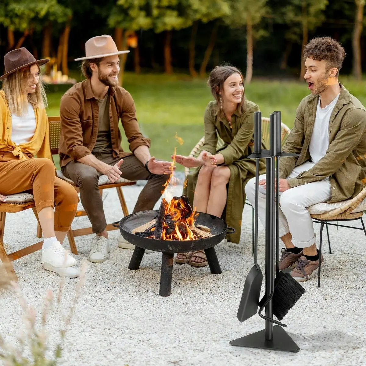 Ausway 4PCS Fireplace Tool Set Firepit Accessories Poker Fire Shovel Brush Stand Black Cast Iron