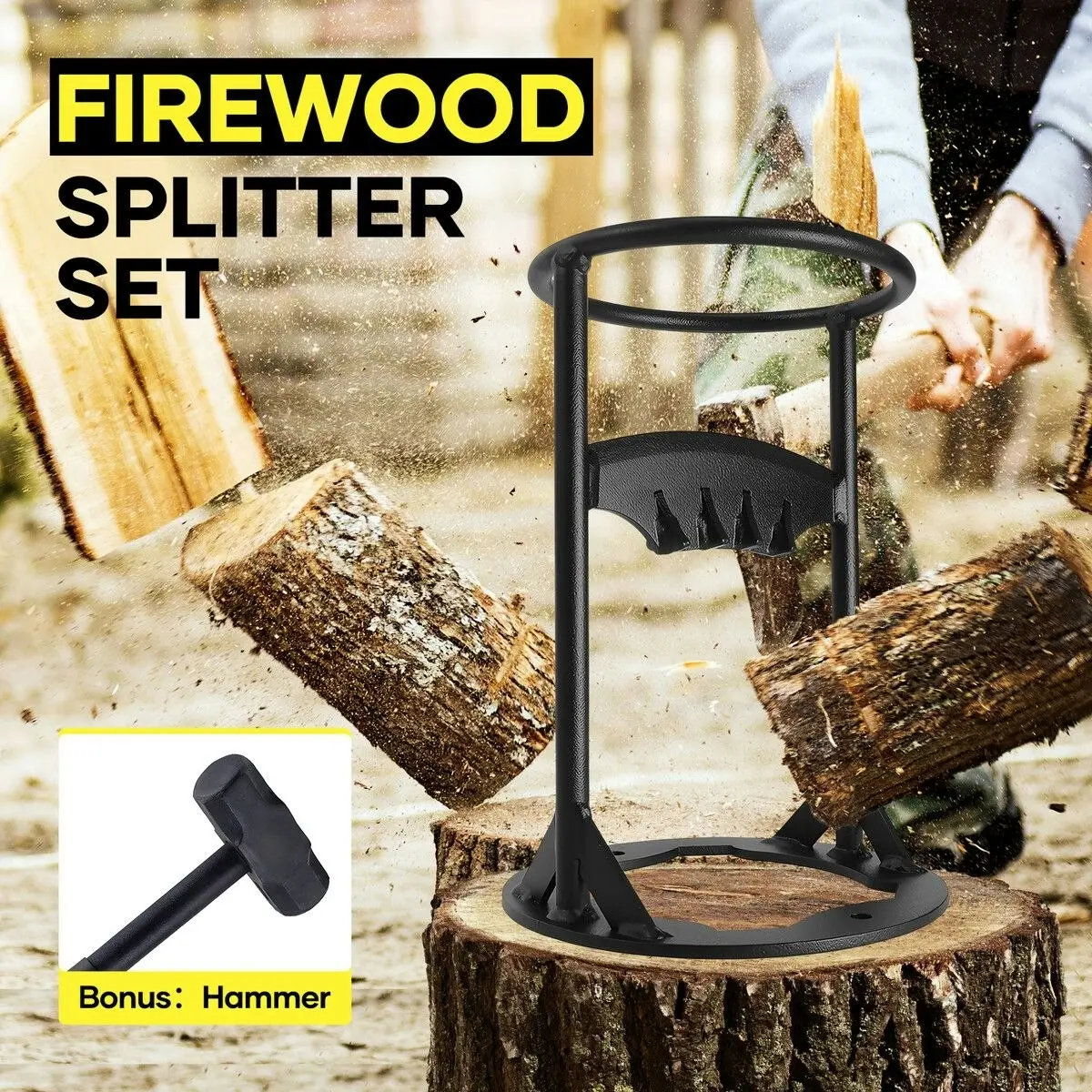 Ausway Log Firewood Splitter Set with Hammer Manual Wood Splitting Cutter Kindling Cutting Fireplace BBQ Camping Tool Outdoor Steel