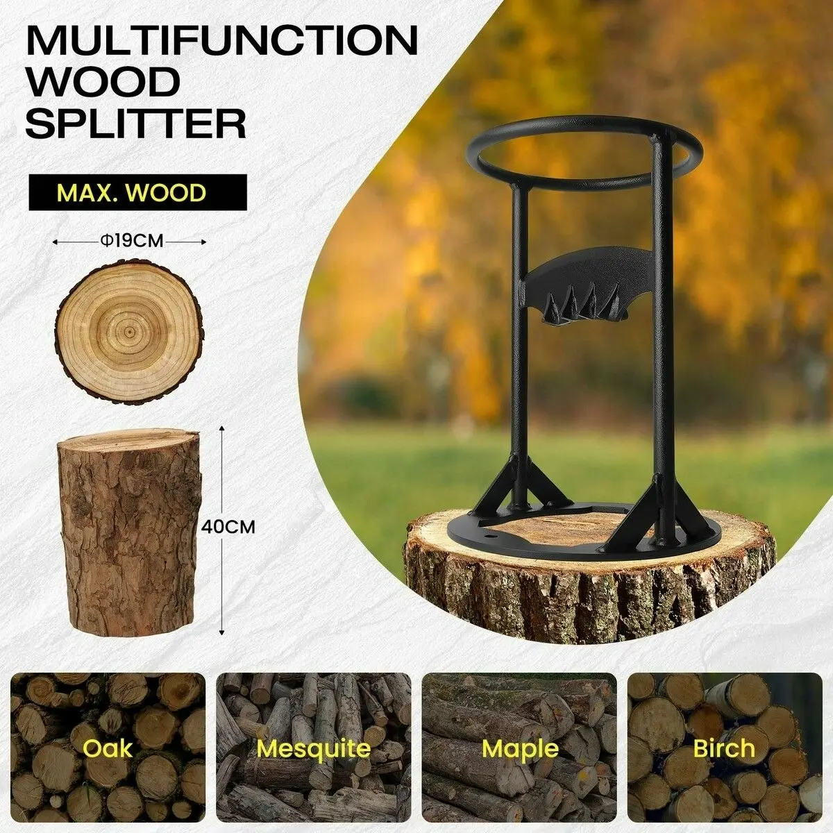 Ausway Log Firewood Splitter Set with Hammer Manual Wood Splitting Cutter Kindling Cutting Fireplace BBQ Camping Tool Outdoor Steel