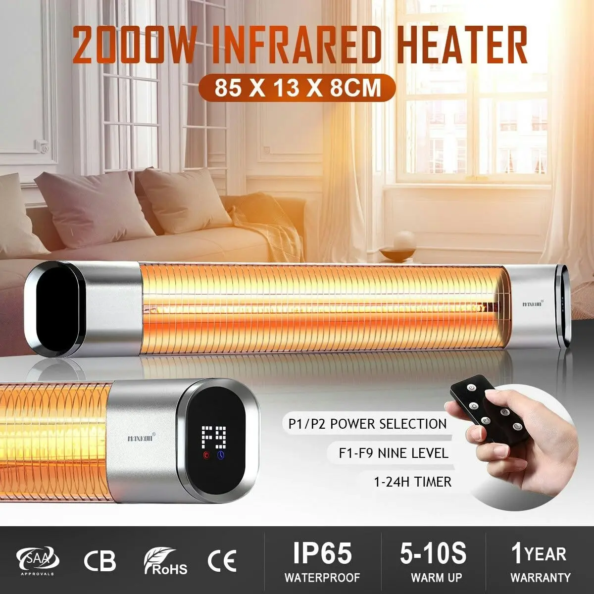 Maxkon  2000W Carbon Fibre Infrared Heater Indoor Outdoor Heater Electric Patio Instant Heater with Remote Control