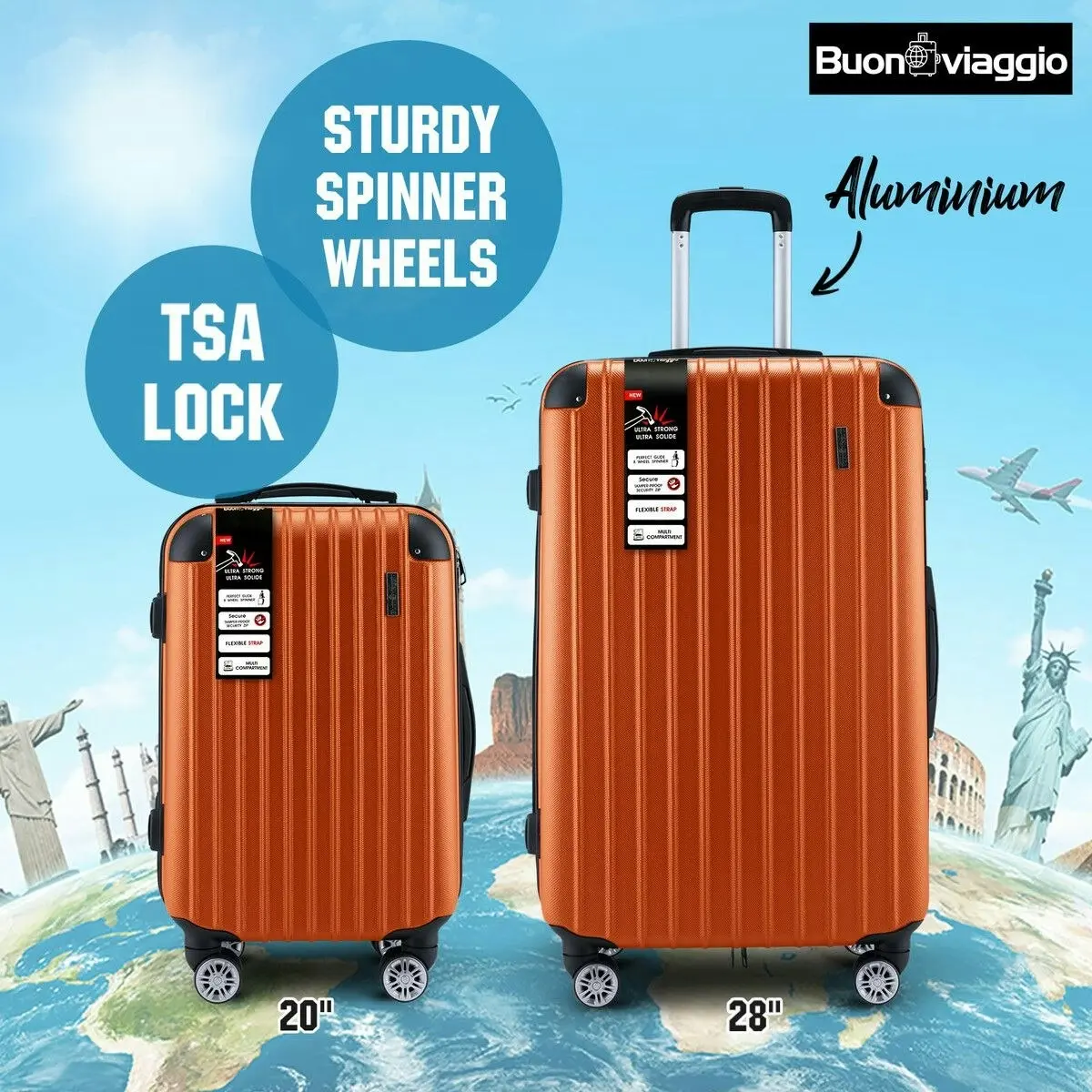 Buon Viaggio 2 Piece Luggage Set Carry On Suitcases Travel Case Cabin Hard Shell Travelling Bags Hand Baggage Lightweight Rolling TSA Lock Orange