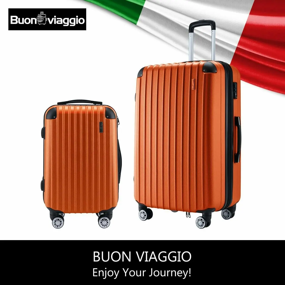 Buon Viaggio 2 Piece Luggage Set Carry On Suitcases Travel Case Cabin Hard Shell Travelling Bags Hand Baggage Lightweight Rolling TSA Lock Orange