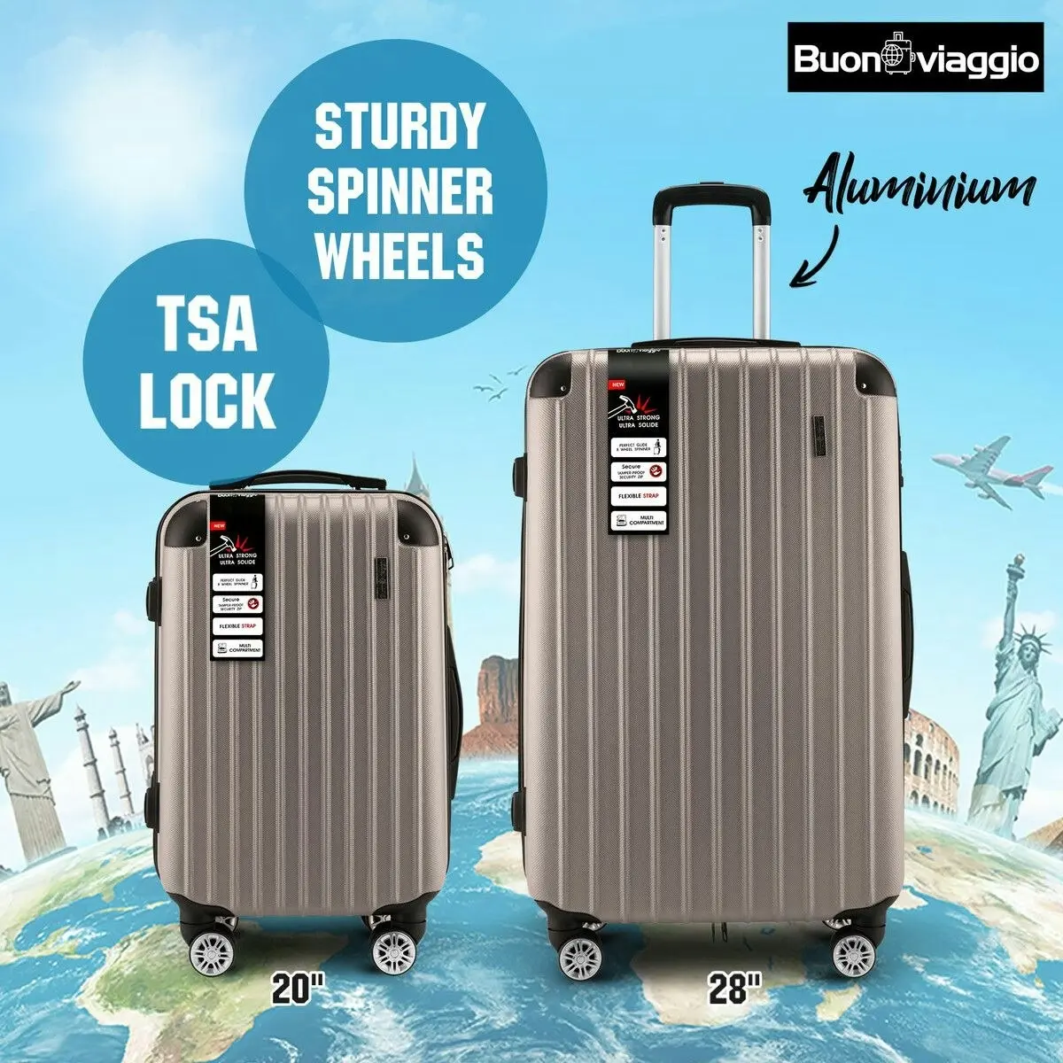 Buon Viaggio 2 Piece Suitcases Luggage Set Carry On Travel Case Cabin Hard Shell Travelling Bags Hand Baggage Lightweight Rolling TSA Lock Champagne