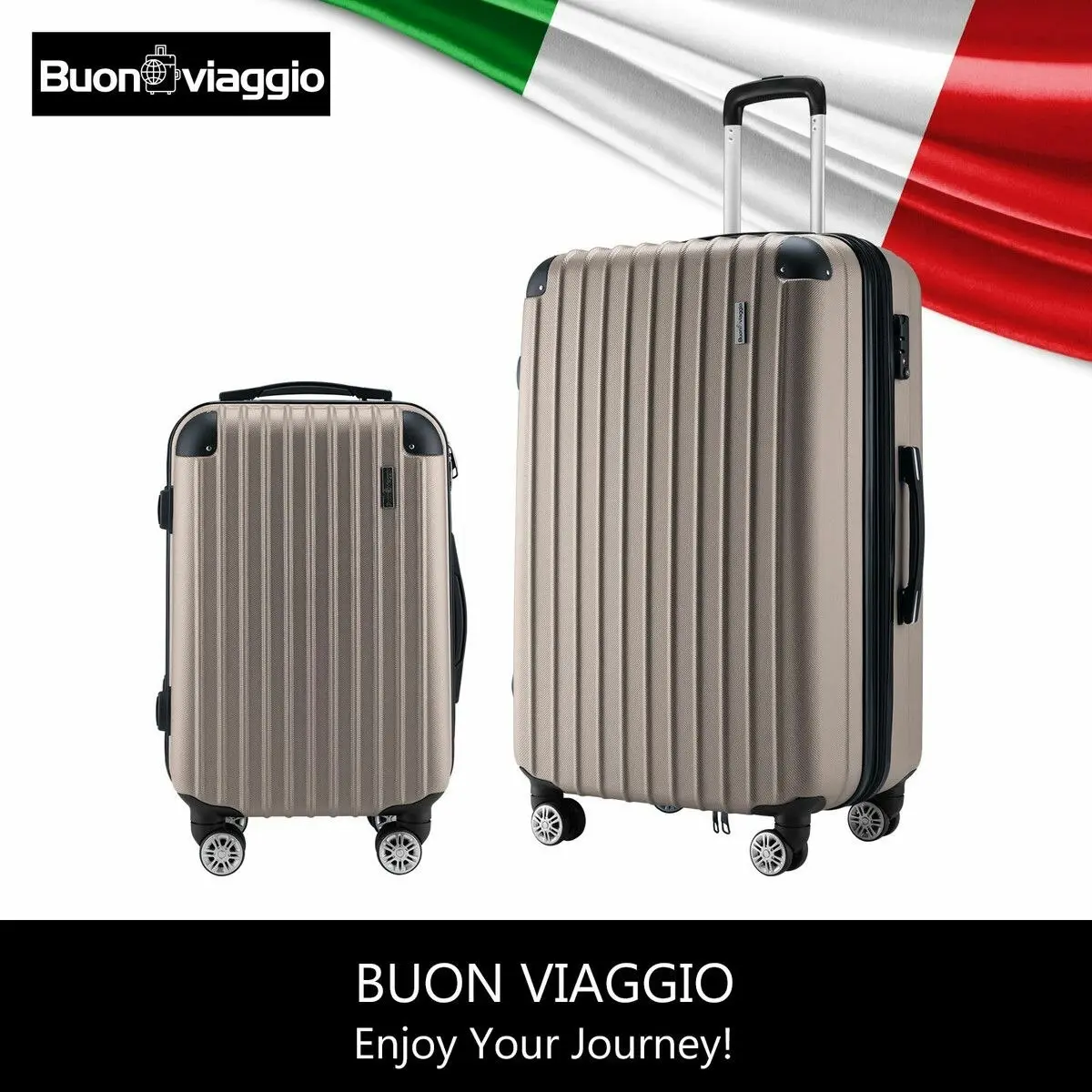 Buon Viaggio 2 Piece Suitcases Luggage Set Carry On Travel Case Cabin Hard Shell Travelling Bags Hand Baggage Lightweight Rolling TSA Lock Champagne