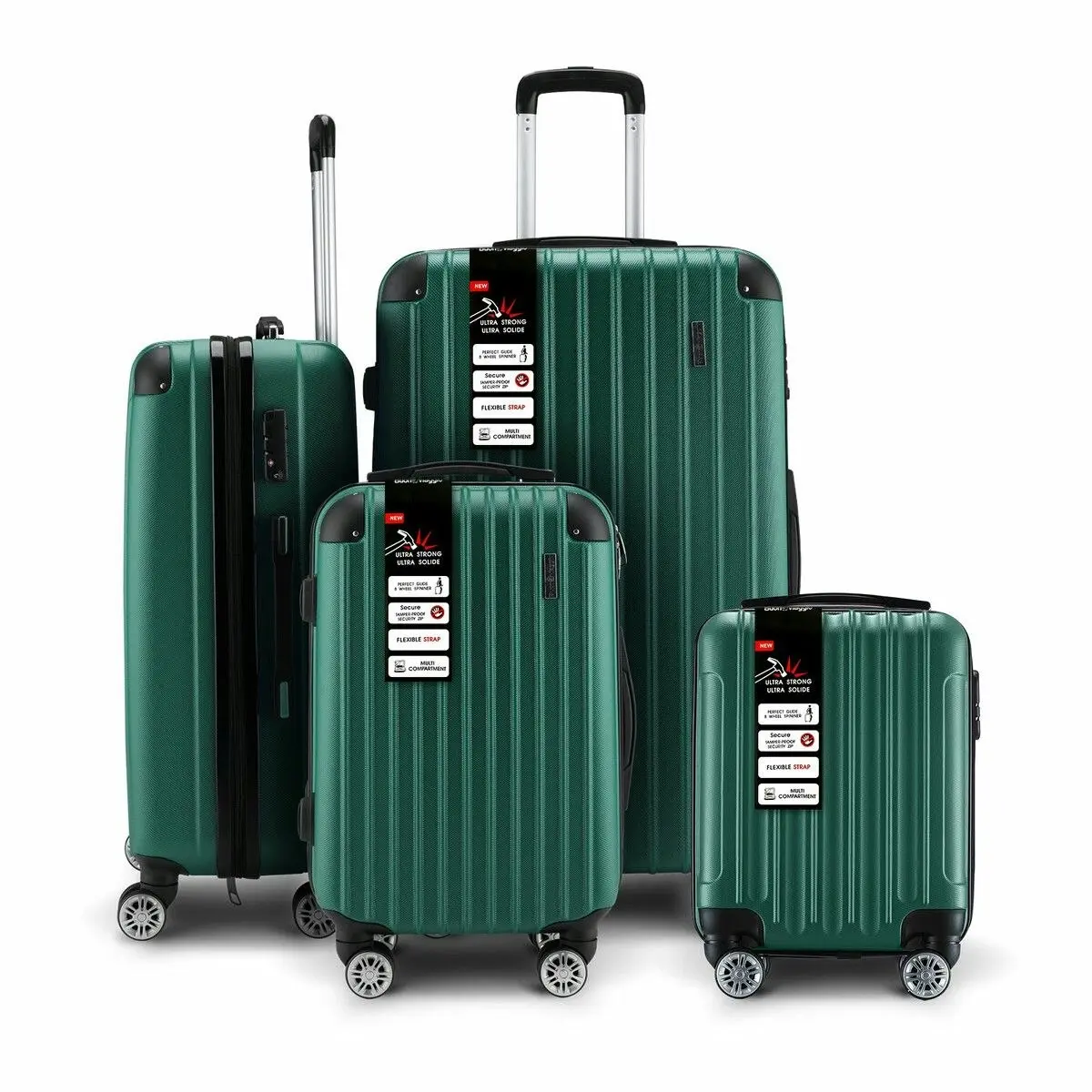 Buon Viaggio 4 Piece Luggage Set Travel Suitcase Traveller Bag Carry On Lightweight Checked Hard Shell Trolley TSA Lock Green