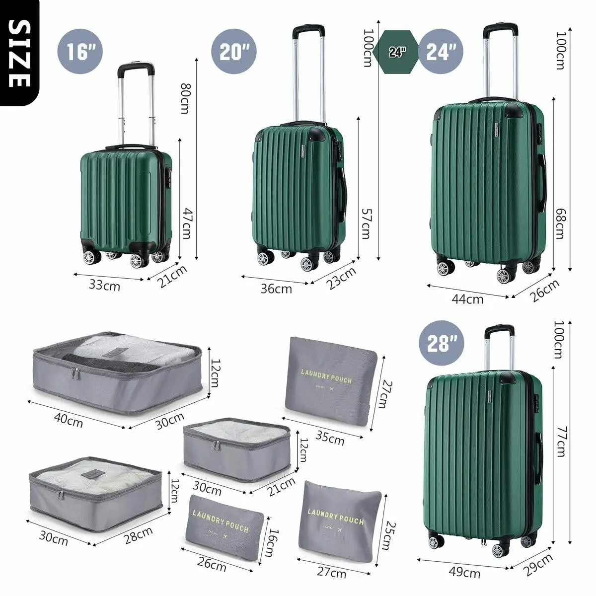 Buon Viaggio 4 Piece Luggage Set Travel Suitcase Traveller Bag Carry On Lightweight Checked Hard Shell Trolley TSA Lock Green