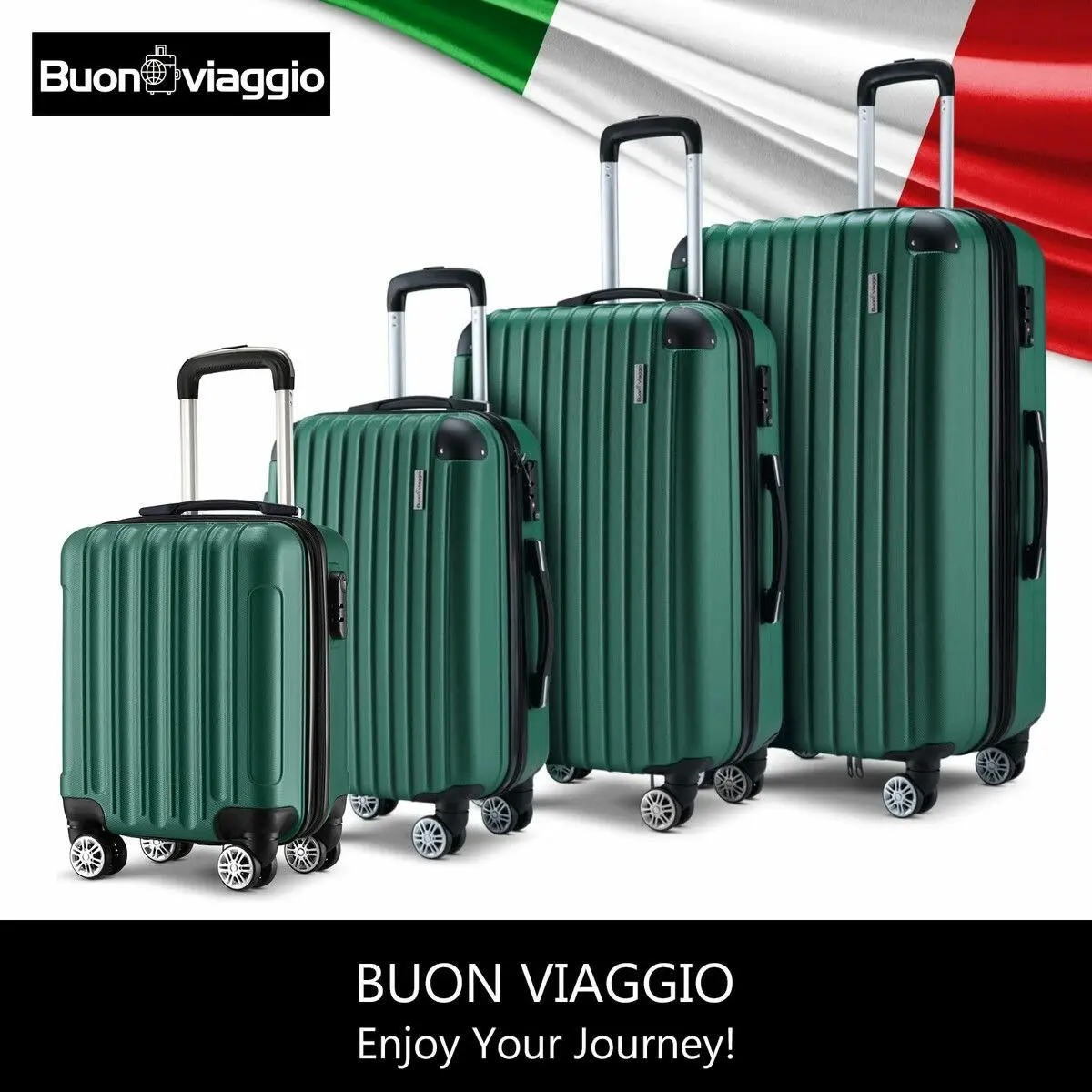 Buon Viaggio 4 Piece Luggage Set Travel Suitcase Traveller Bag Carry On Lightweight Checked Hard Shell Trolley TSA Lock Green