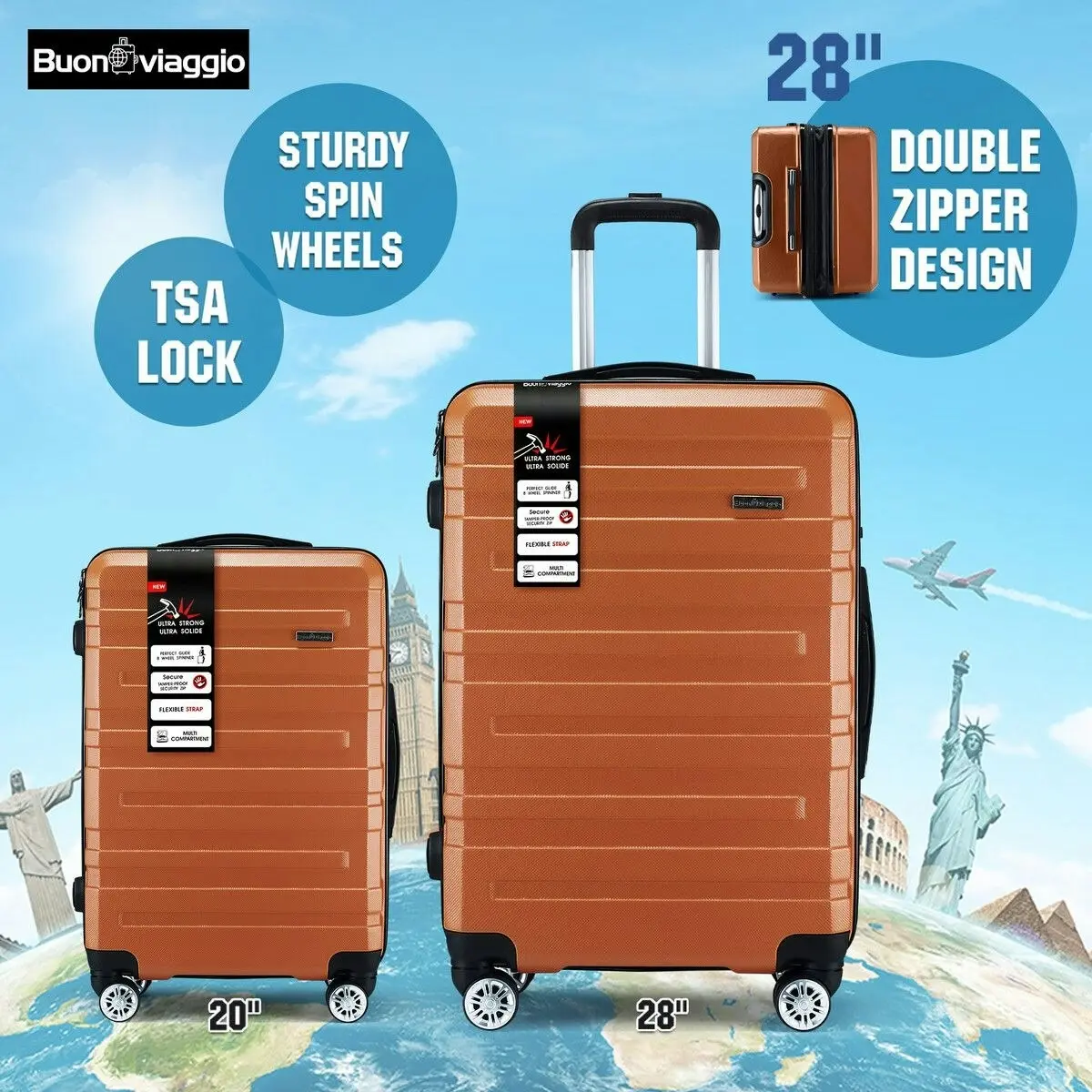 Buon Viaggio 2 Piece Luggage Set Carry On Hard Suitcases Travel Trolley Lightweight TSA Lock Orange