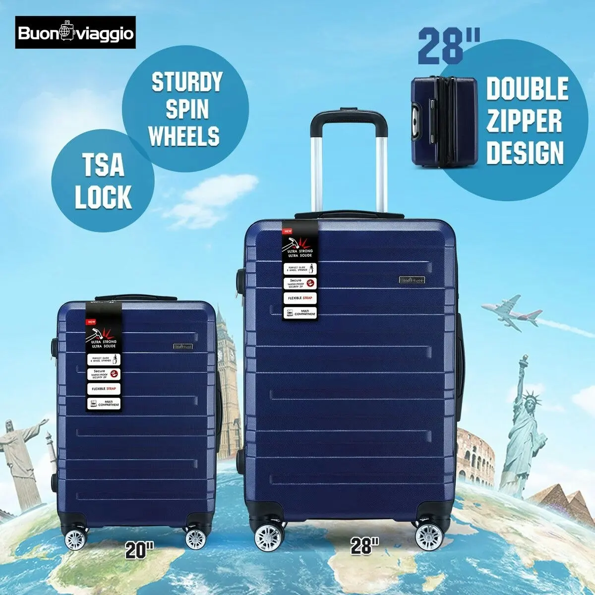 Buon Viaggio 2 Piece Luggage Set Travel Suitcases Carry On Lightweight Hard Trolley TSA Lock Navy Blue