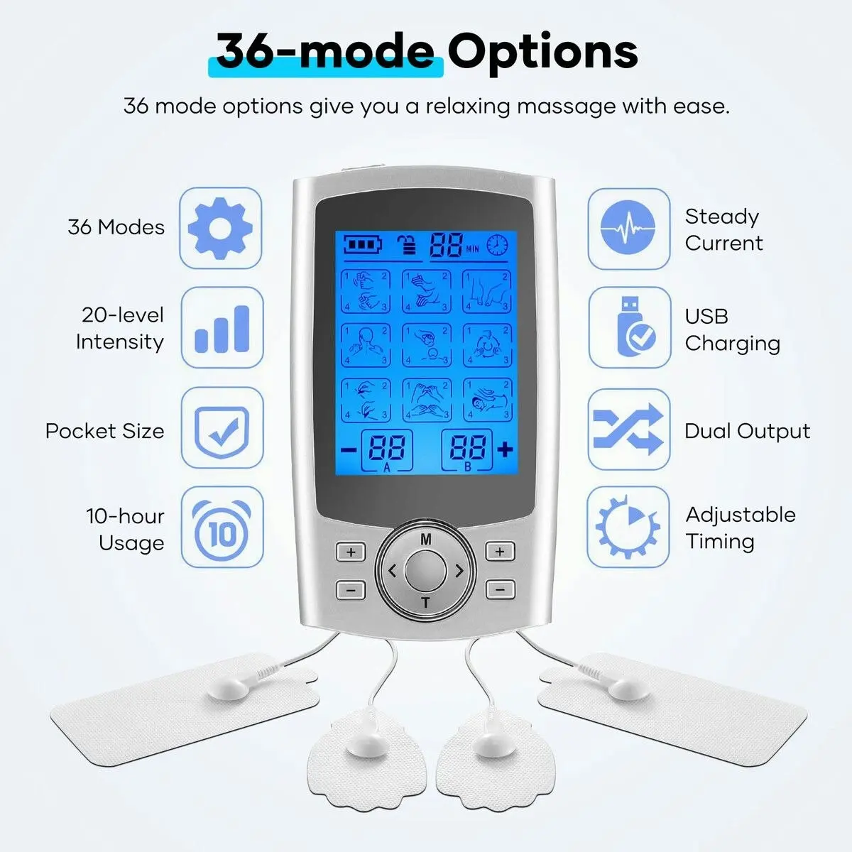 HOMASA TENS EMS Muscle Stimulator Electric Rechargeable Massager Machine Portable Neck Back Knee Nerve Massage Unit Device 36 Modes