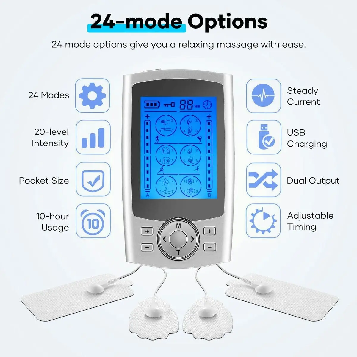 HOMASA TENS EMS Muscle Stimulator Machine Electric Portable Back Neck Massager Nerve Knee Rechargeable Massage Unit Device 24 Modes