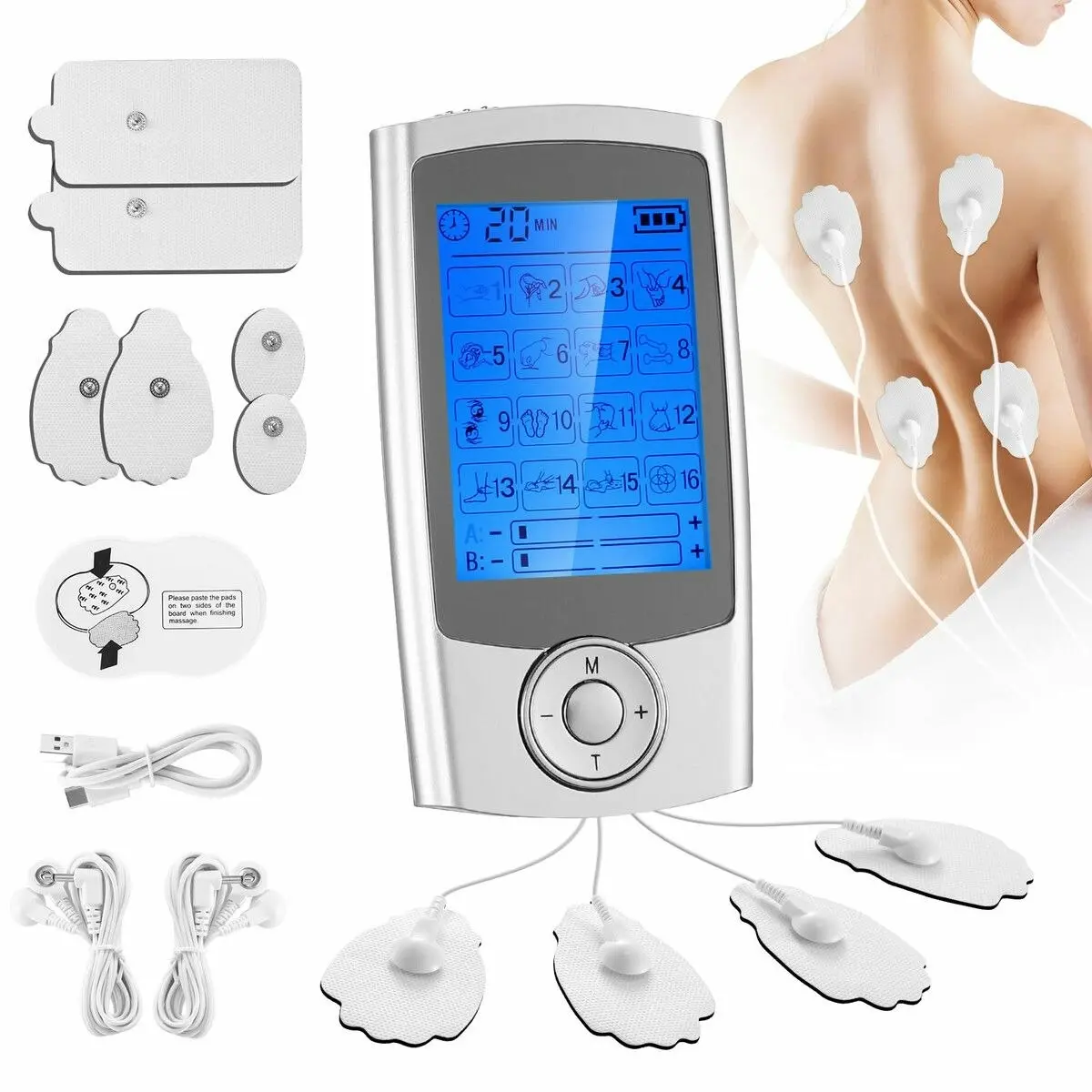 HOMASA TENS EMS Muscle Stimulator Electric Massager Machine Portable Back Neck Nerve Knee Massage Device Rechargeable Unit 16 Modes