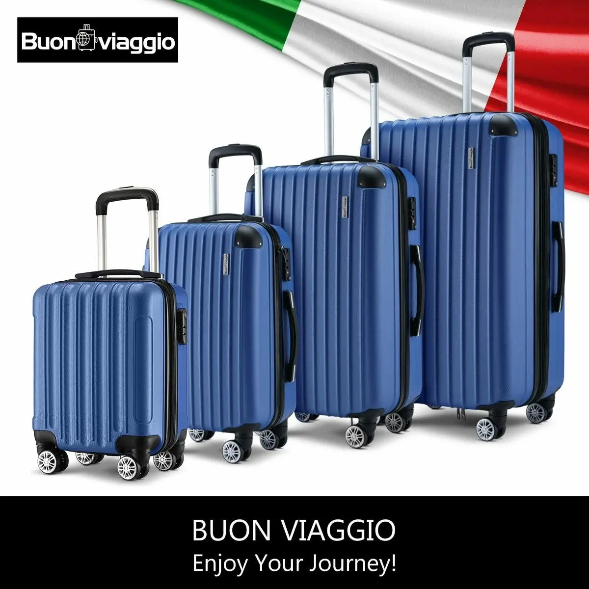 Buon Viaggio 4 Piece Suitcase Set Carry On Luggage Traveller Bag Hard Shell TSA Lock Checked Trolley Rolling Lightweight Blue