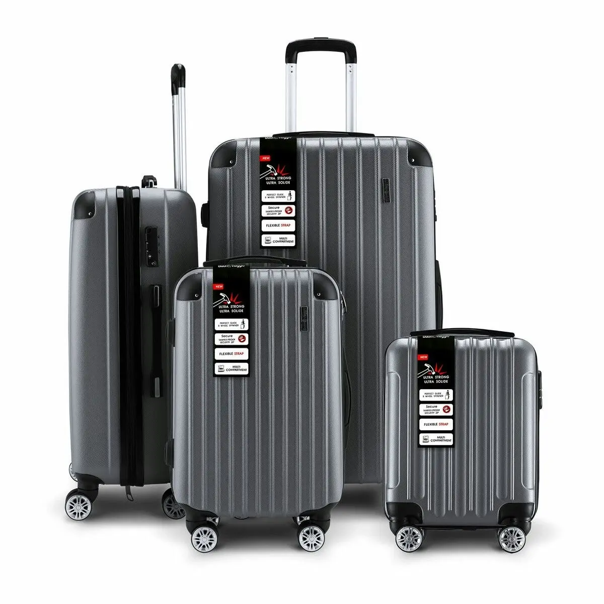 Buon Viaggio Luggage Travel Suitcase Set 4 Piece Carry On Traveller Checked Bag Hard Shell Lightweight Trolley TSA Lock Grey