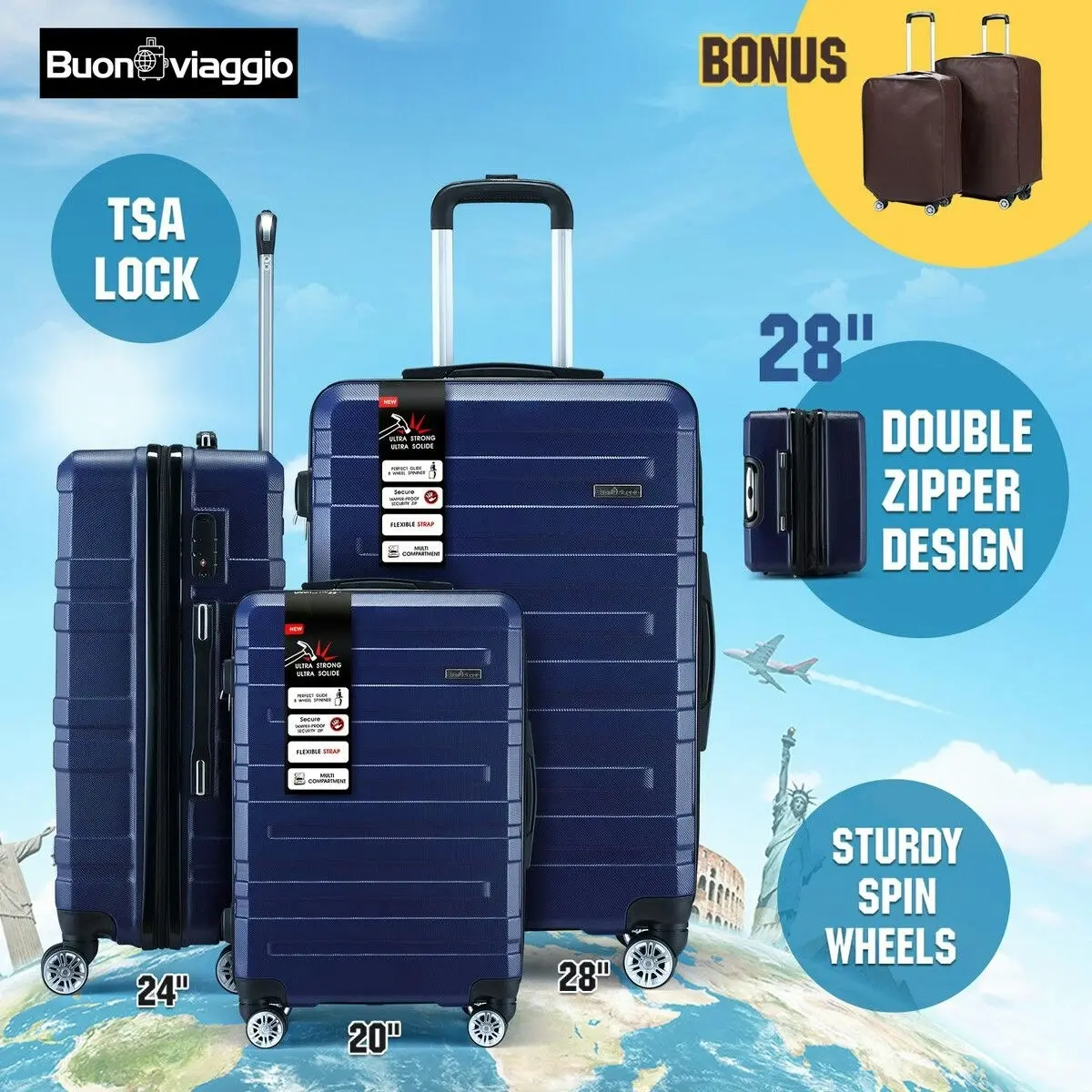 Buon Viaggio 3 Piece Luggage Set Travel Carry On Hard Suitcases Trolley Lightweight with 2 Covers and TSA Lock Navy Blue