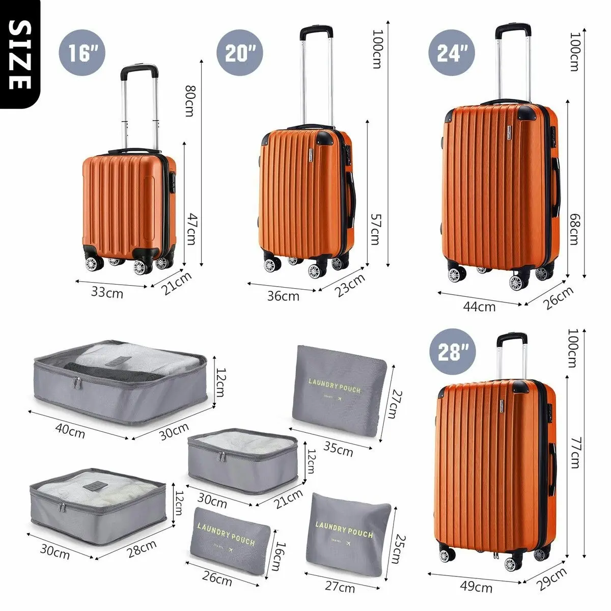 Buon Viaggio Luggage Suitcase Set 4 Piece Carry On Traveller Checked Bag Hard Shell Lightweight Rolling Trolley TSA Lock Orange