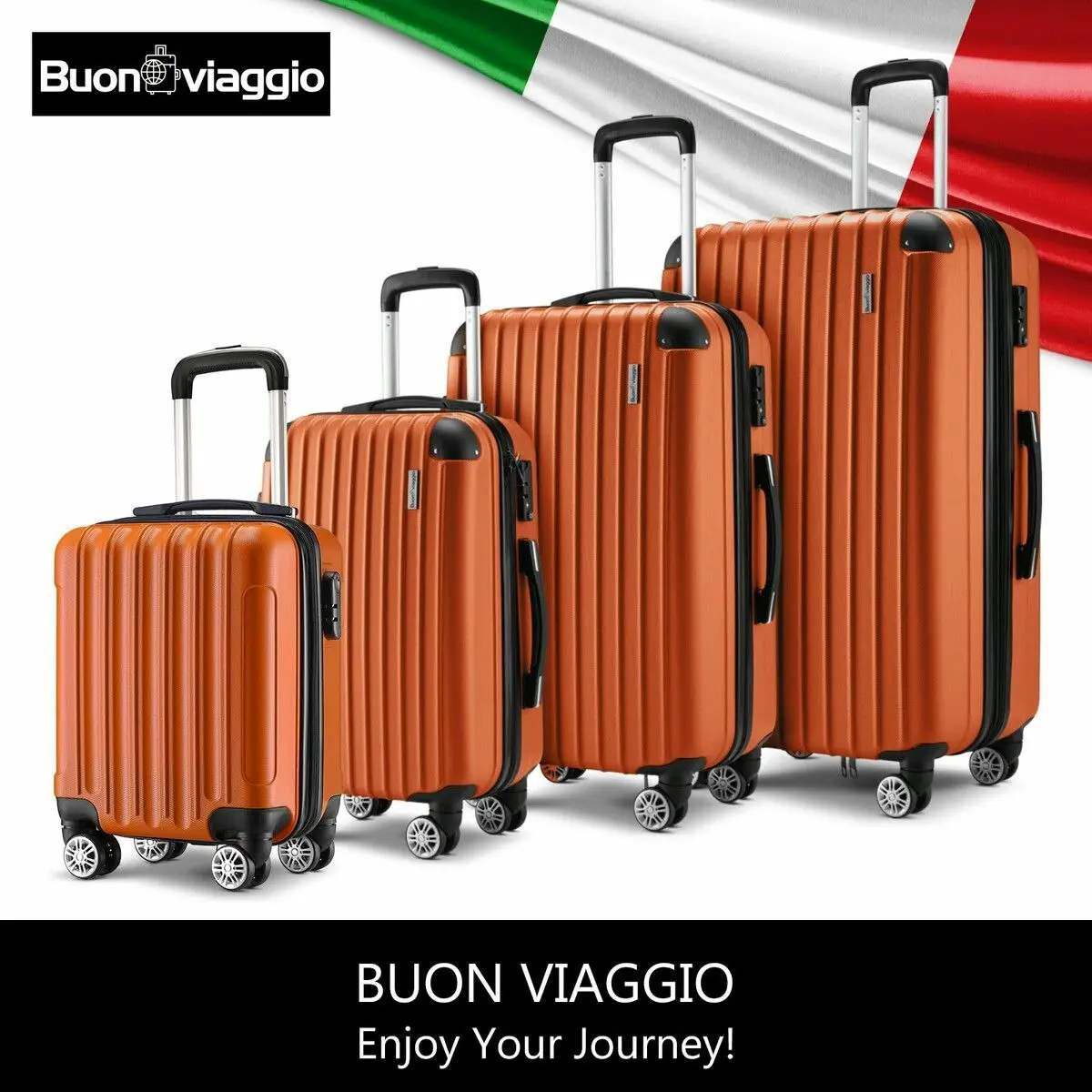 Buon Viaggio Luggage Suitcase Set 4 Piece Carry On Traveller Checked Bag Hard Shell Lightweight Rolling Trolley TSA Lock Orange