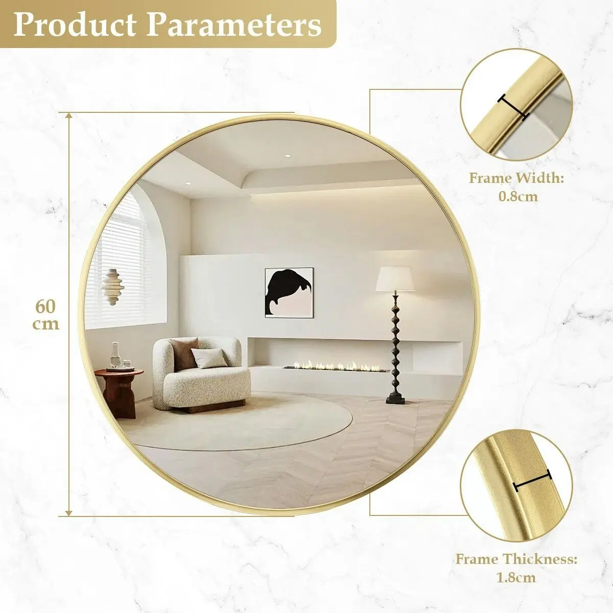 LUXSUITE 60cm Round Wall Mirror Bathroom Vanity Standing Large Bedroom Gold Decorative Mount Circle Hallway Makeup Shower Shaving