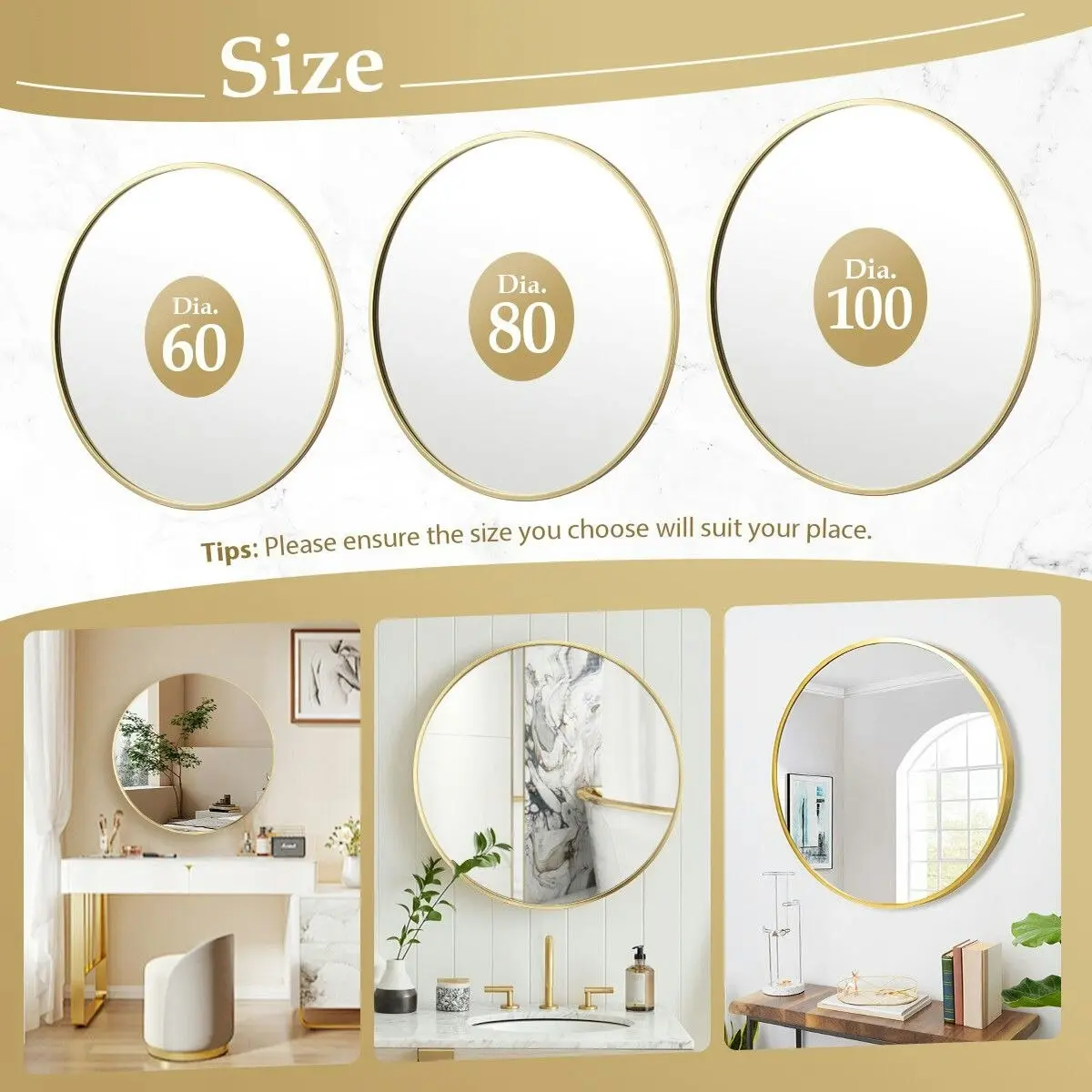 LUXSUITE 60cm Round Wall Mirror Bathroom Vanity Standing Large Bedroom Gold Decorative Mount Circle Hallway Makeup Shower Shaving