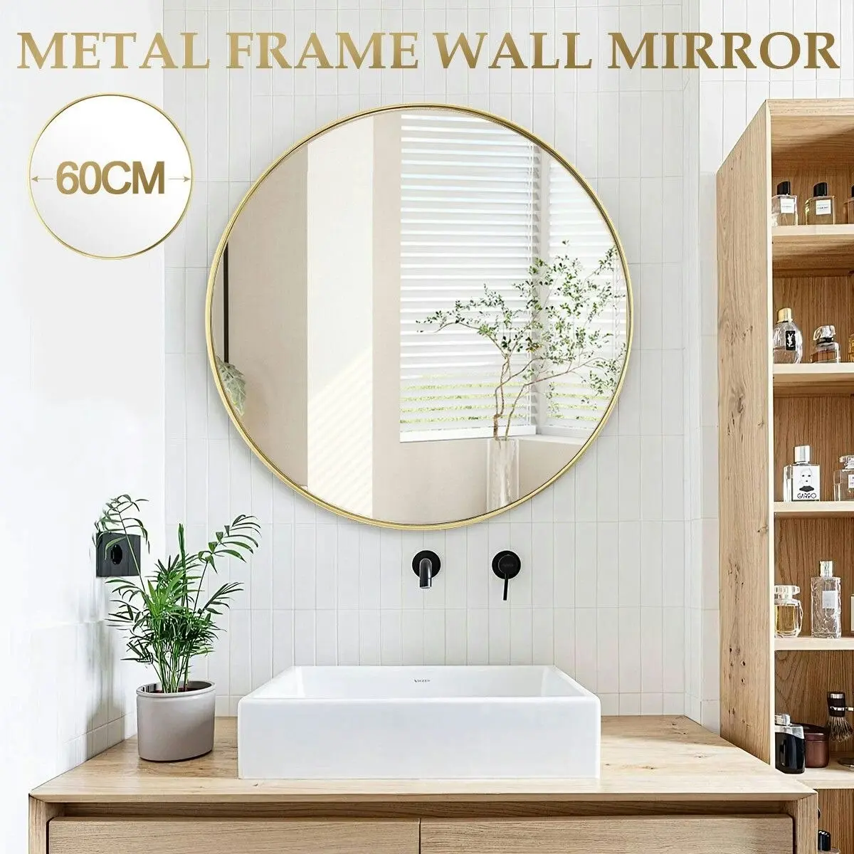 LUXSUITE 60cm Round Wall Mirror Bathroom Vanity Standing Large Bedroom Gold Decorative Mount Circle Hallway Makeup Shower Shaving