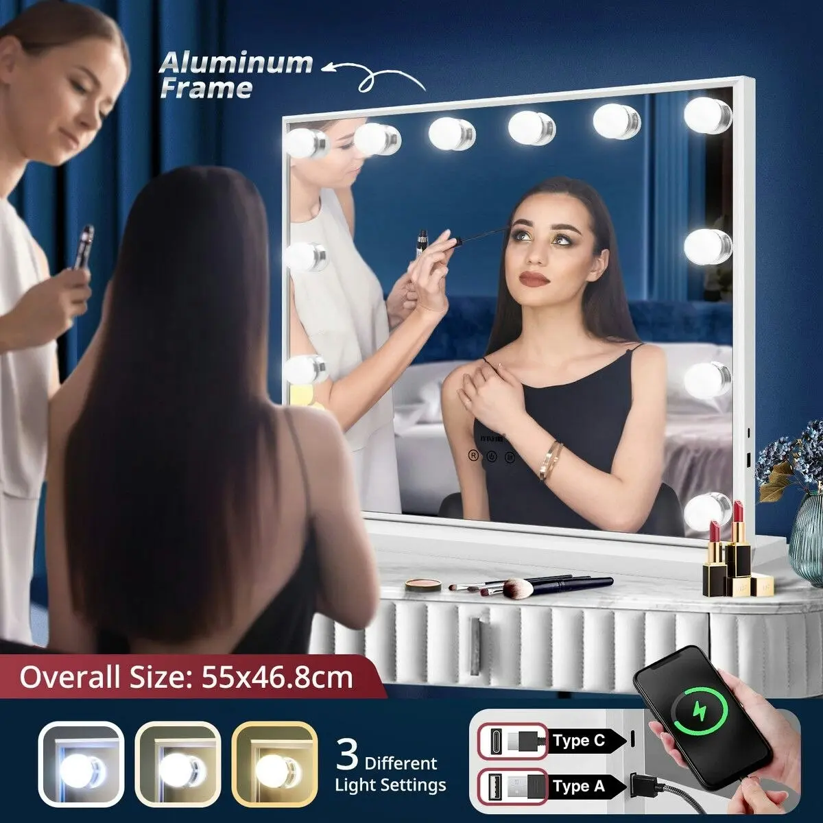 Maxkon Hollywood Makeup Mirror Lights 12 LED Bulbs Vanity Lighted Beauty Touch Adjustable Brightness USB