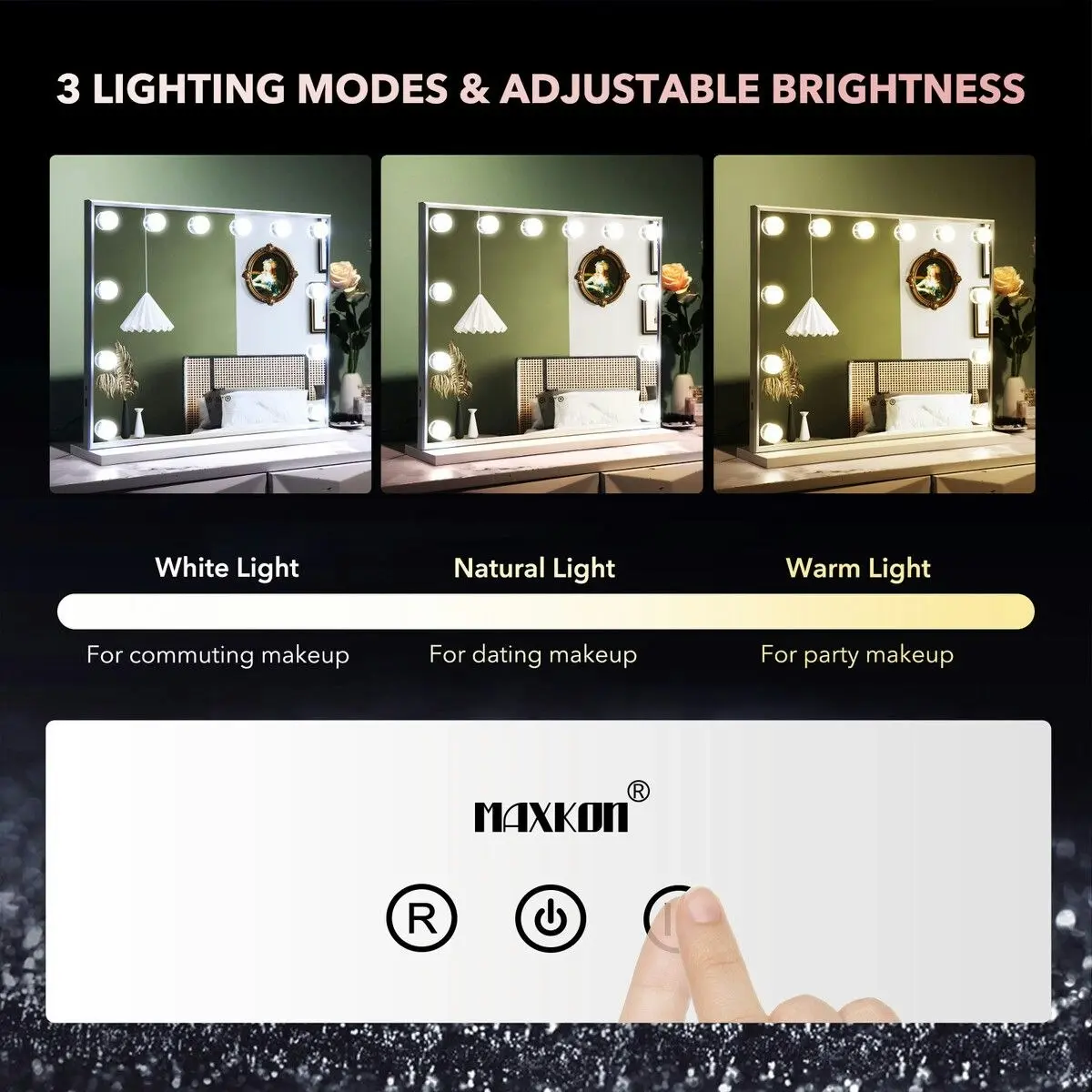 Maxkon Hollywood Makeup Mirror Lights 12 LED Bulbs Vanity Lighted Beauty Touch Adjustable Brightness USB