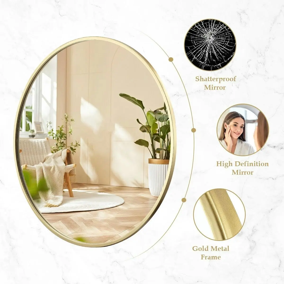 LUXSUITE 80cm Round Wall Mirror Bathroom Gold Standing Vanity Mount Circle Large Decorative Bedroom Hallway Makeup Shower Shaving