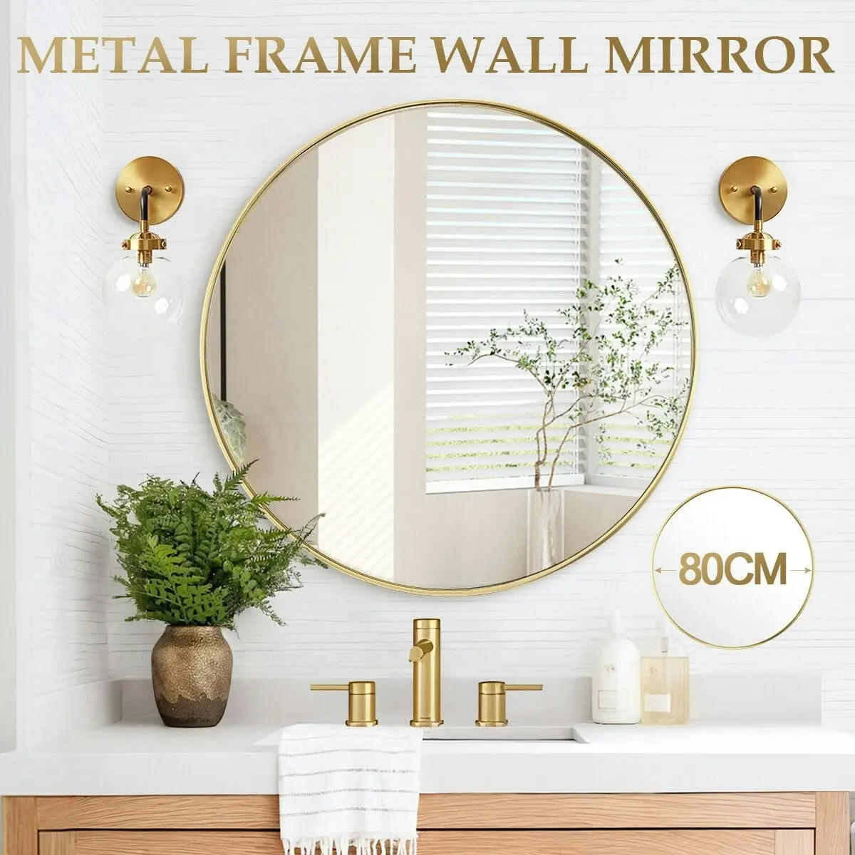 LUXSUITE 80cm Round Wall Mirror Bathroom Gold Standing Vanity Mount Circle Large Decorative Bedroom Hallway Makeup Shower Shaving