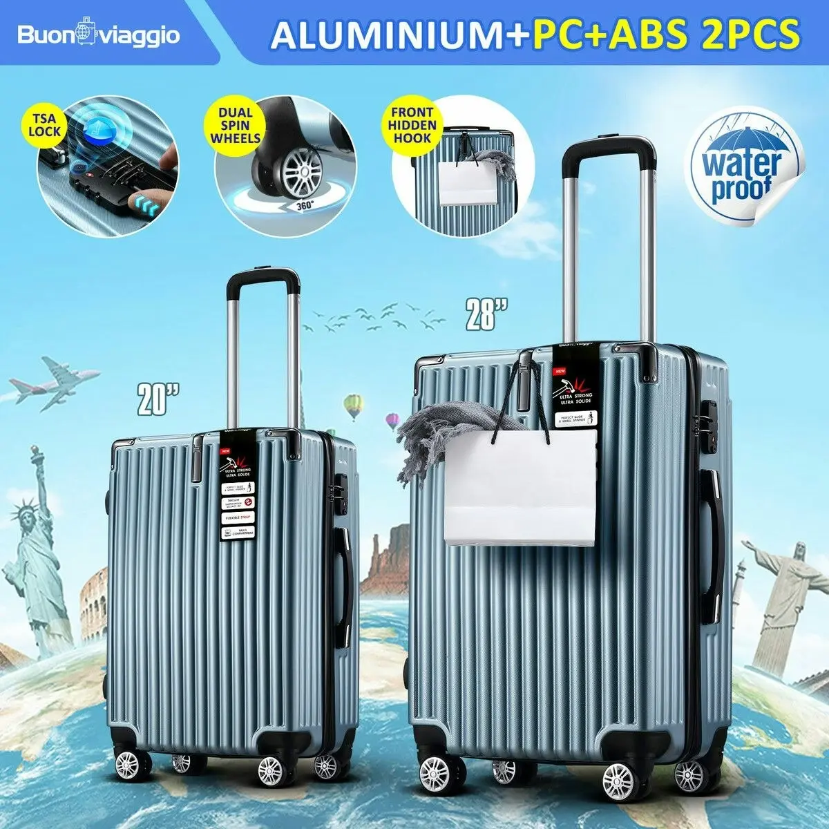 Buon Viaggio 2 PCS Luggage Set Suitcases Carry On Spinner Traveller Bags Cabin Hard Shell Case Trolley Lightweight Travel Storage Rolling TSA Lock Ice Blue