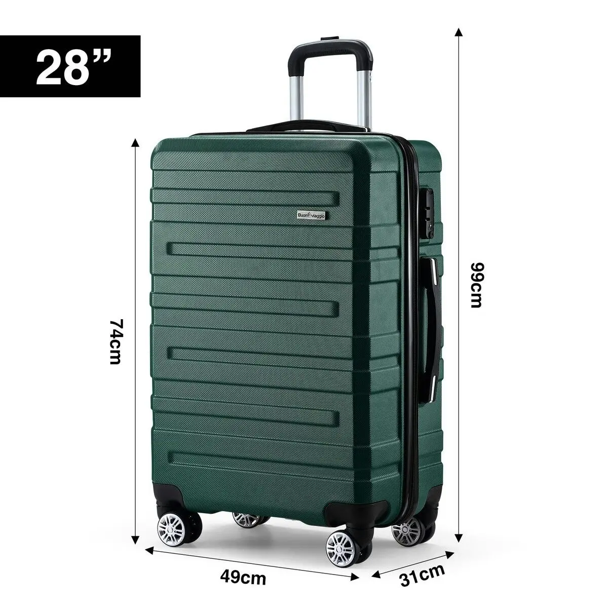 Buon Viaggio 3 Piece Luggage Set Hard Carry On Travel Suitcases Trolley Lightweight with TSA Lock and 2 Covers Green