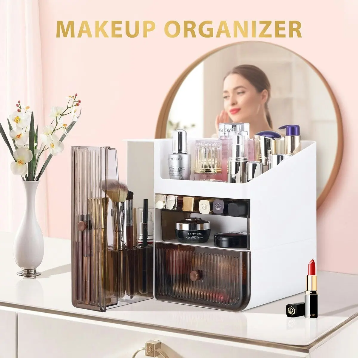 Ausway Makeup Organizer Jewellery Box Cosmetic Storage Organiser Jewelry Display Stand Portable Make Up Brush Holder Lipstick Ring Container with Drawer