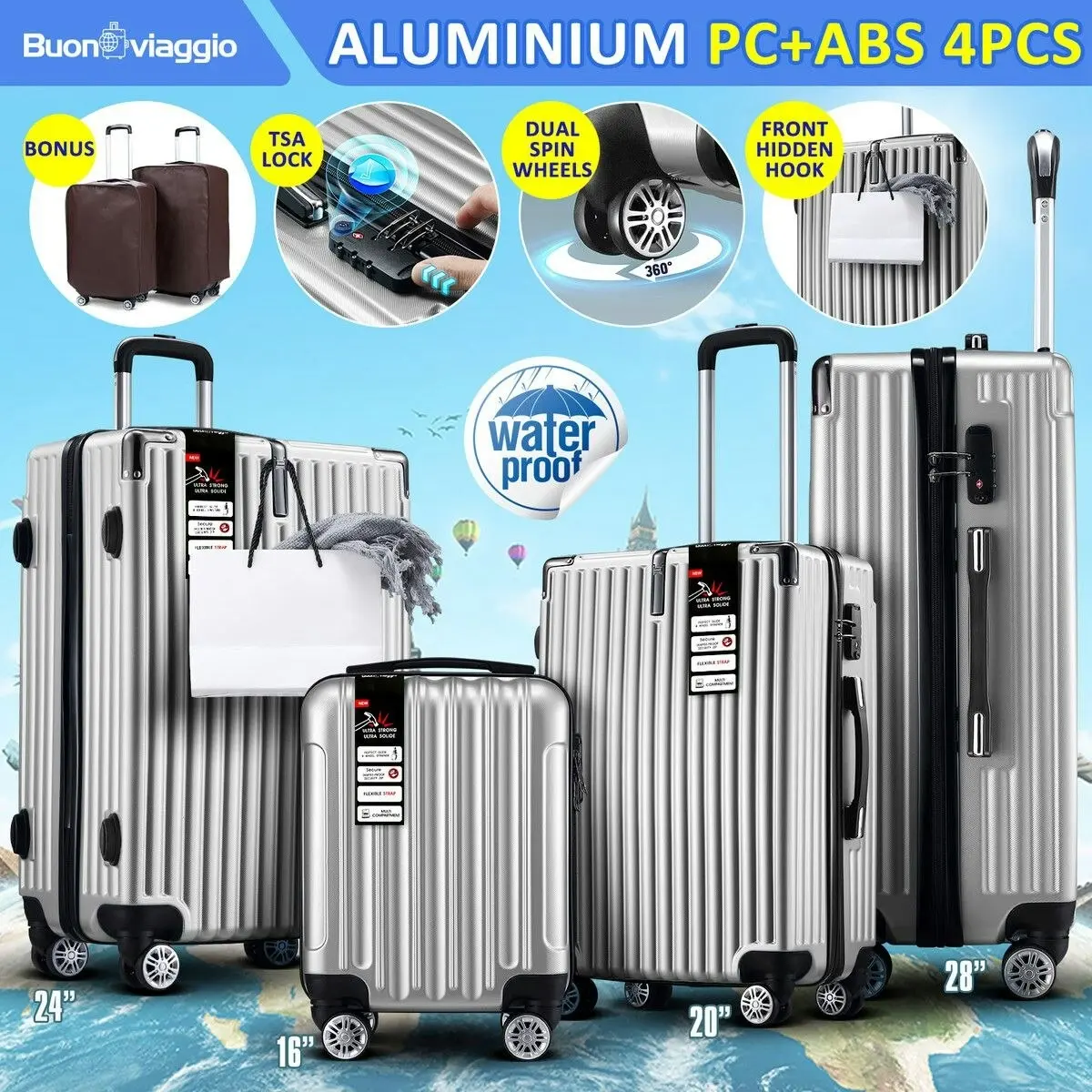 Ausway 4 Piece Carry On Luggage Set Suitcases Hard Shell Traveller Bag Rolling Trolley Checked TSA Lock Front Hook Lightweight Silver