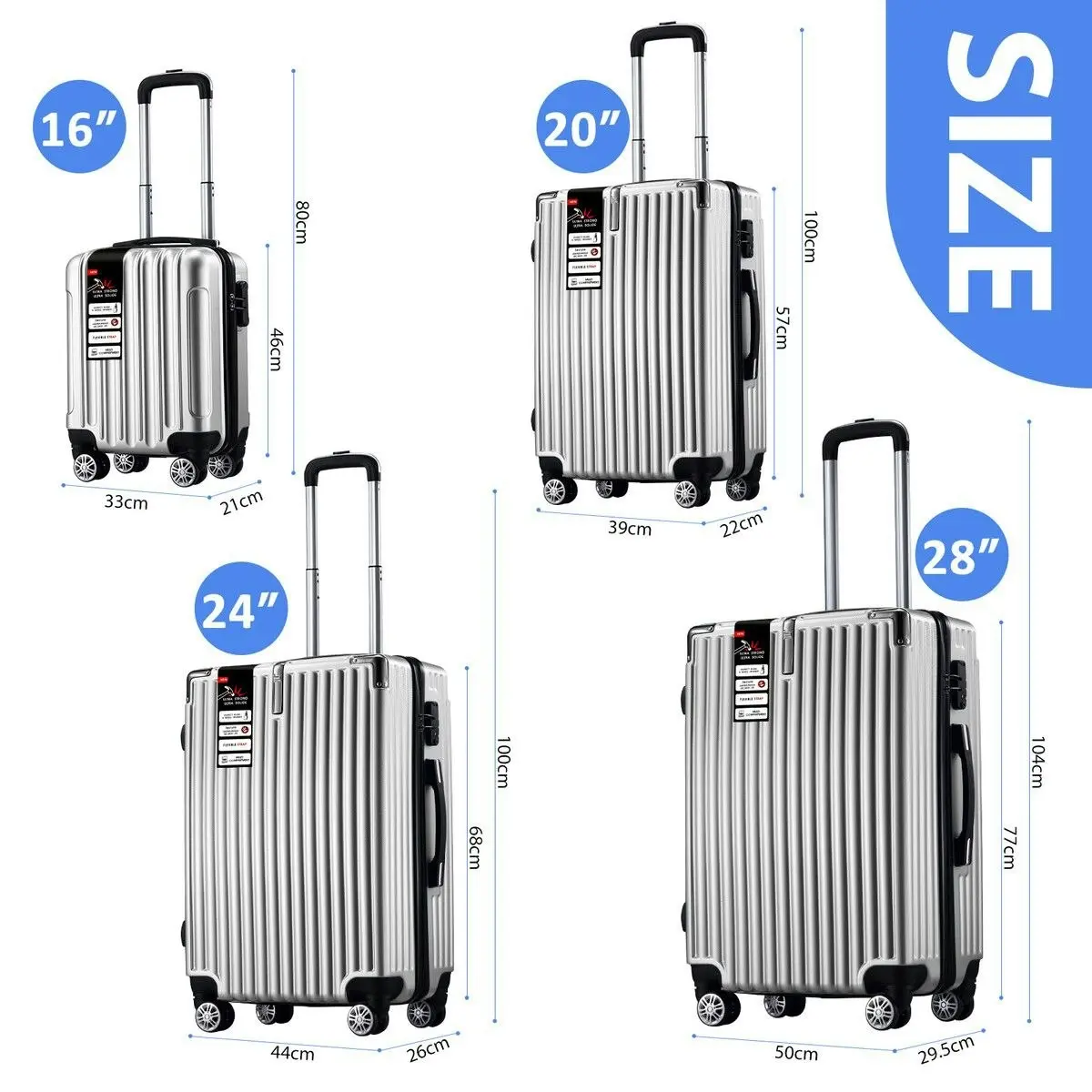 Ausway 4 Piece Carry On Luggage Set Suitcases Hard Shell Traveller Bag Rolling Trolley Checked TSA Lock Front Hook Lightweight Silver