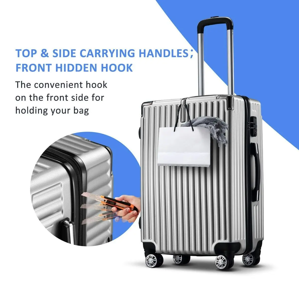 Ausway 4 Piece Carry On Luggage Set Suitcases Hard Shell Traveller Bag Rolling Trolley Checked TSA Lock Front Hook Lightweight Silver