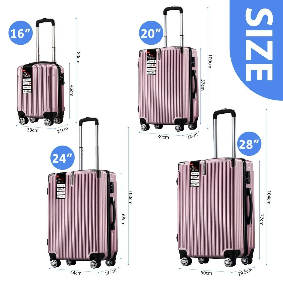 Ausway 4 Piece Luggage Set Carry On Traveller Suitcases Hard Shell Rolling Trolley Checked Bag TSA Lock Front Hook Lightweight Rose Gold