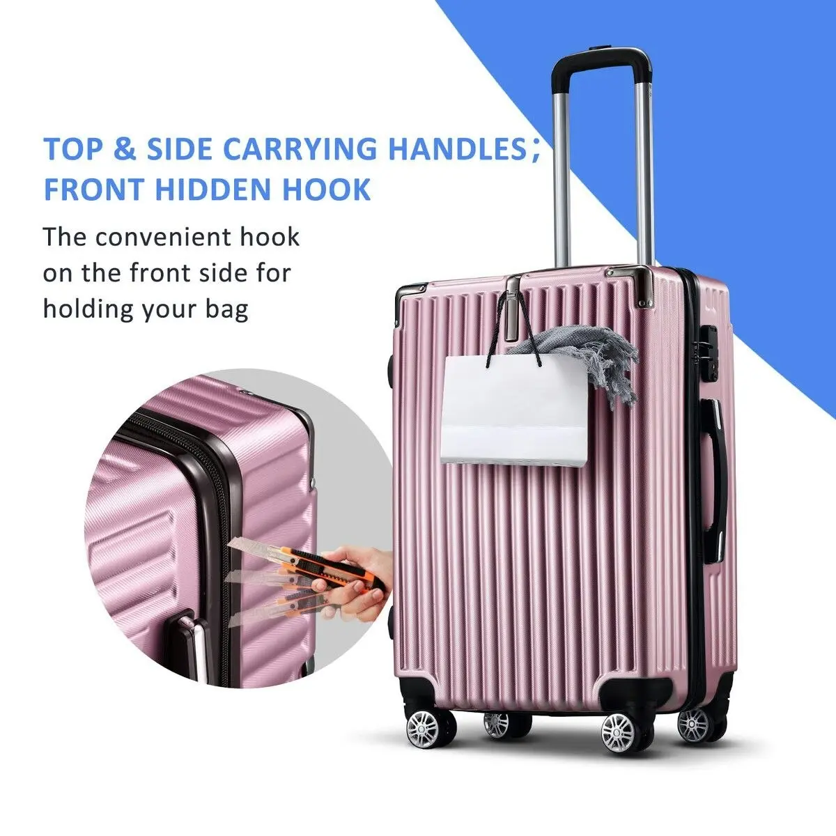 Ausway 4 Piece Luggage Set Carry On Traveller Suitcases Hard Shell Rolling Trolley Checked Bag TSA Lock Front Hook Lightweight Rose Gold