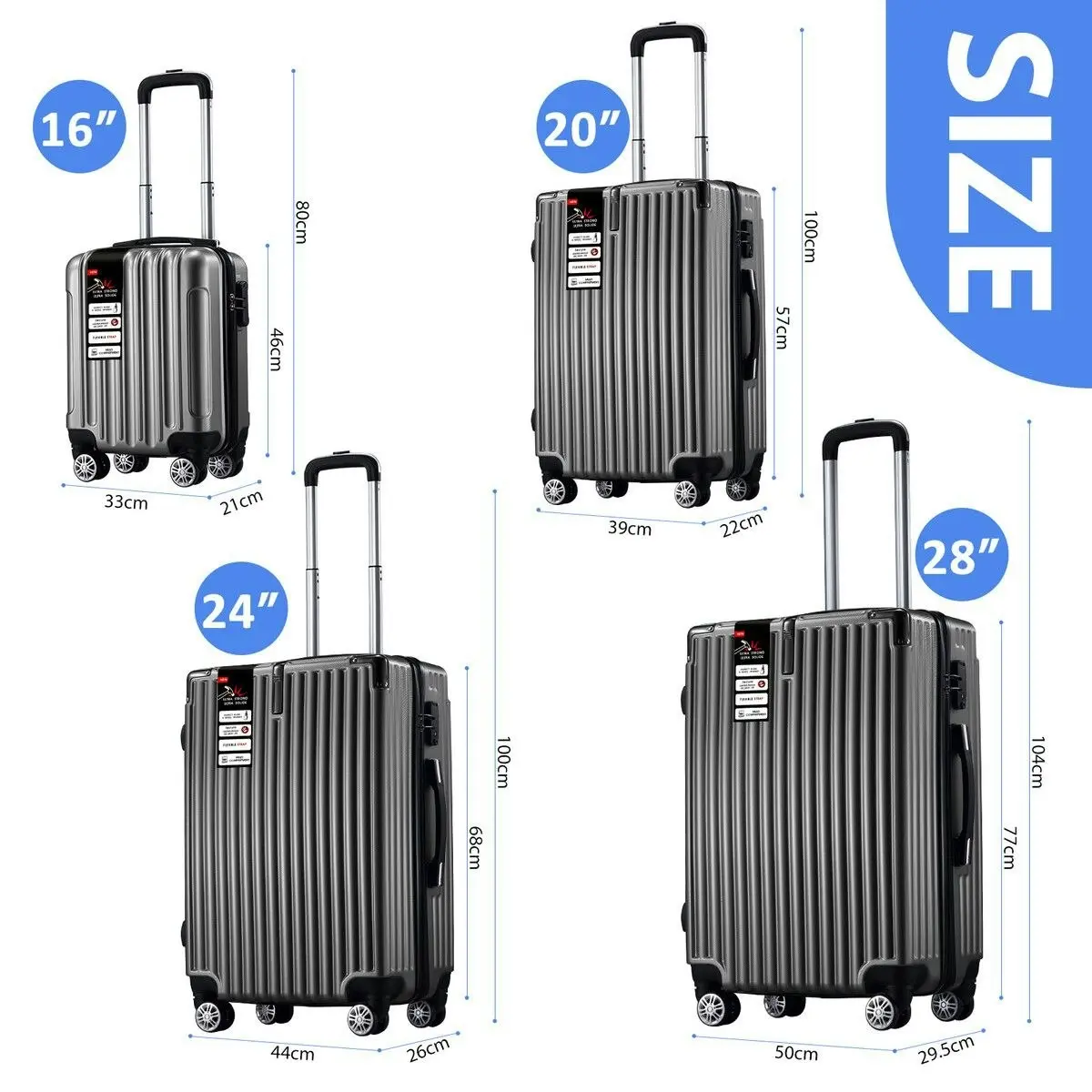 Buon Viaggio Luggage Suitcase Set 4 Piece Hard Shell Traveller Bag Carry On Rolling Trolley Checked TSA Lock Front Hook Lightweight Iron Grey