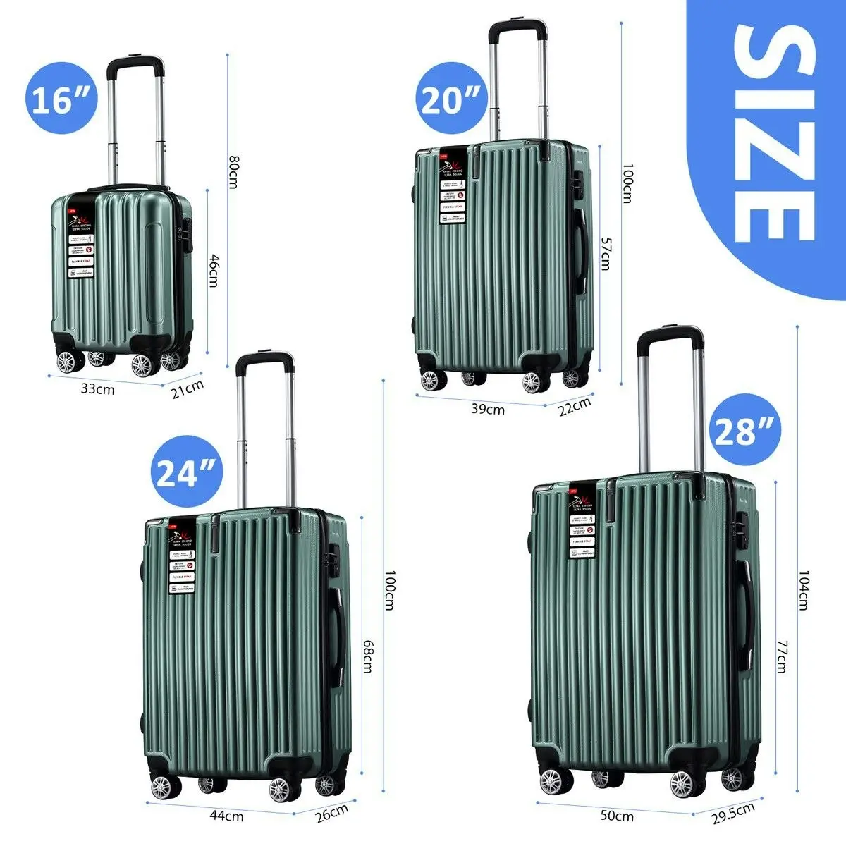 Buon Viaggio 4 Piece Luggage Set Carry On Suitcase Traveller Bag Hard Shell Rolling Trolley Checked TSA Lock Front Hook Lightweight Dark Green