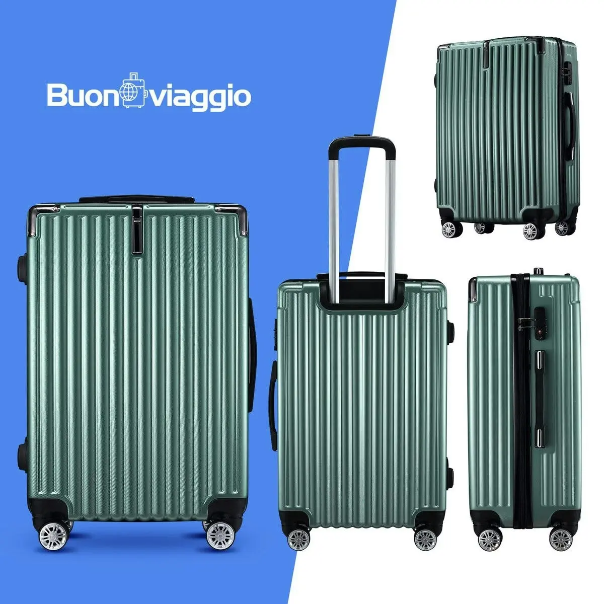 Buon Viaggio 4 Piece Luggage Set Carry On Suitcase Traveller Bag Hard Shell Rolling Trolley Checked TSA Lock Front Hook Lightweight Dark Green