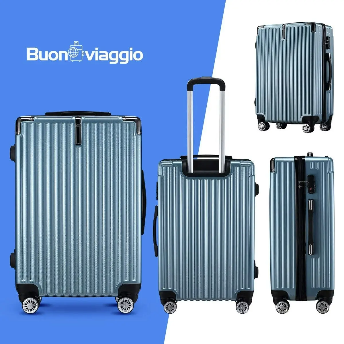 Ausway 4 Piece Luggage Suitcase Set Carry On Traveller Bag Hard Shell Rolling Trolley Checked TSA Lock Front Hook Lightweight Ice Blue