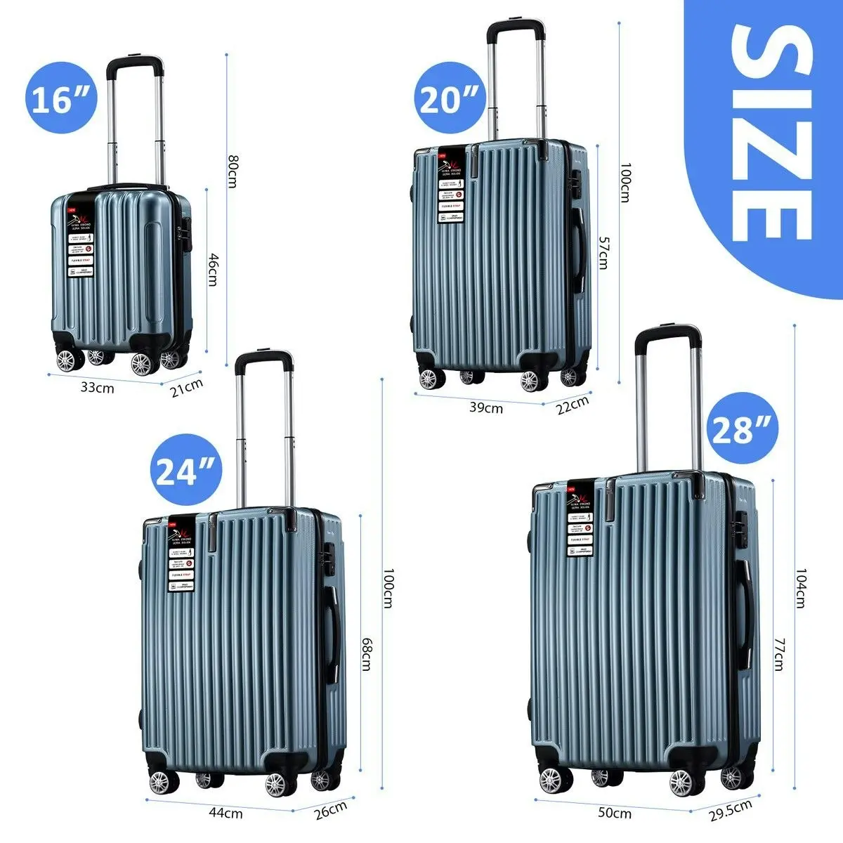 Ausway 4 Piece Luggage Suitcase Set Carry On Traveller Bag Hard Shell Rolling Trolley Checked TSA Lock Front Hook Lightweight Ice Blue