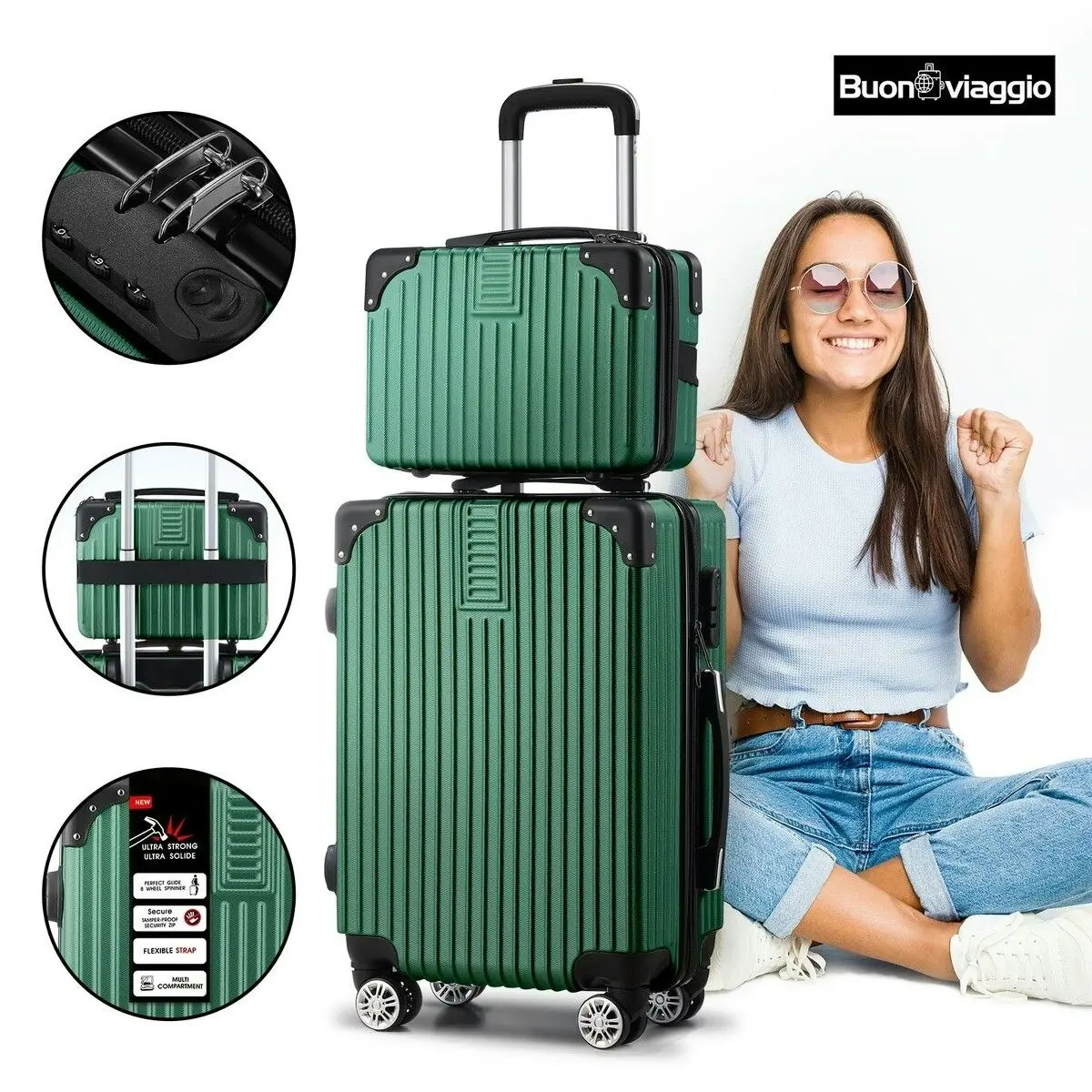 Buon Viaggio 2 Piece Luggage Set Travel Suitcases Carry On Hard Shell Lightweight Rolling Traveller Trolley Vanity Checked Bag