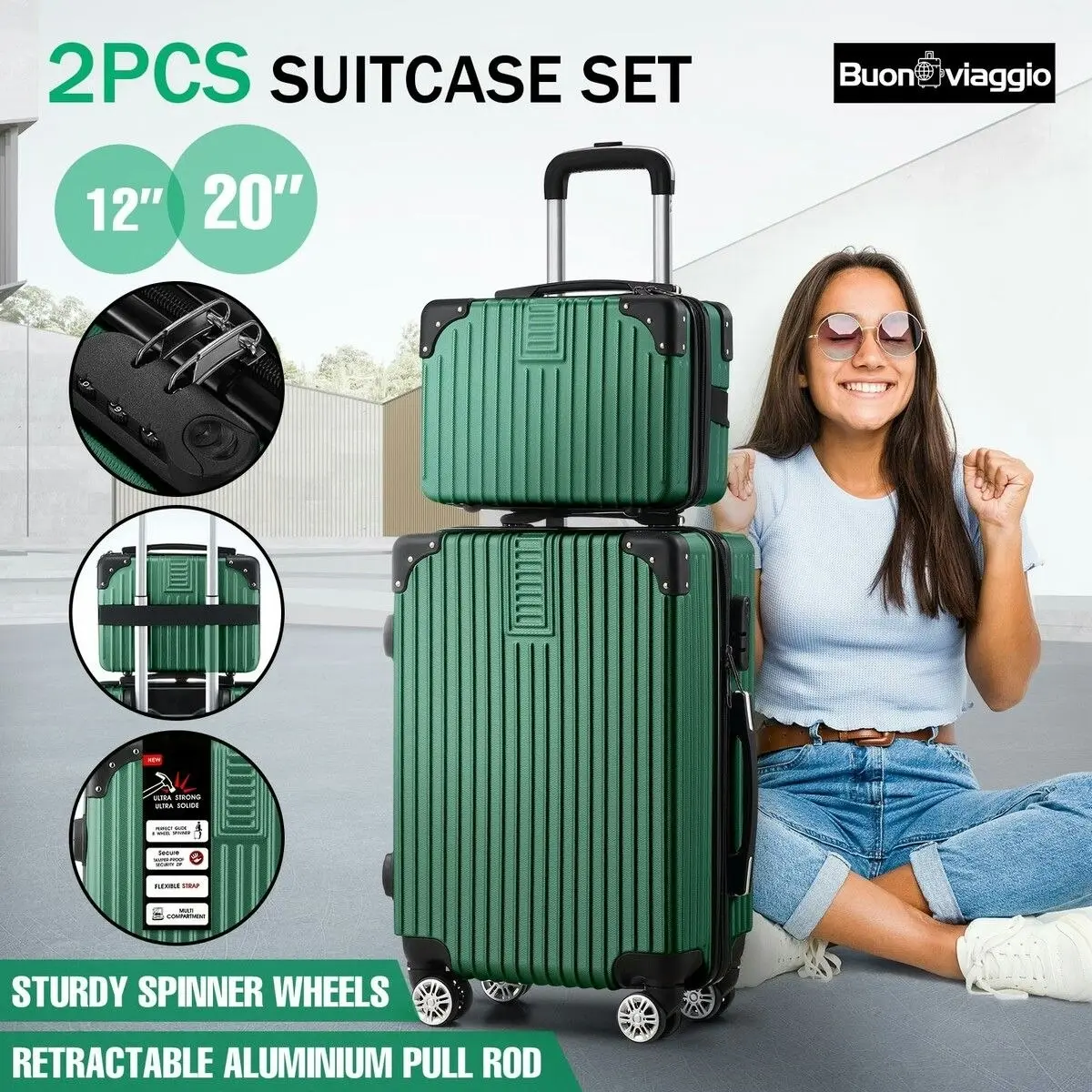 Buon Viaggio 2 Piece Luggage Set Travel Suitcases Carry On Hard Shell Lightweight Rolling Traveller Trolley Vanity Checked Bag